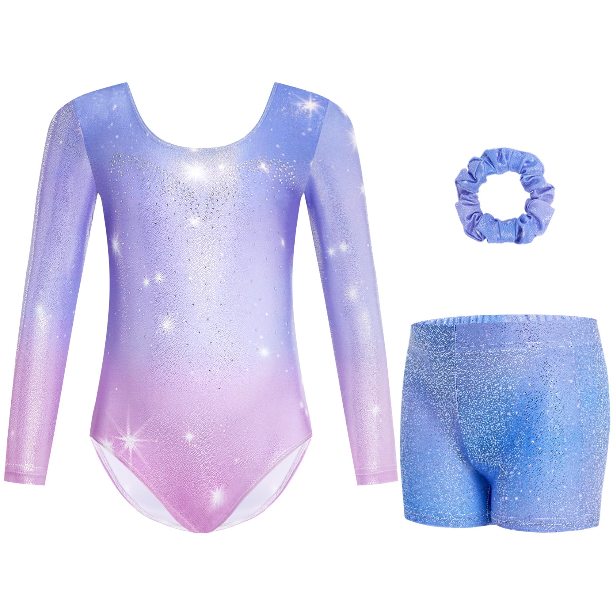Gogokids Mädchen Dreiteilige Gymnastikanzüge, Langärmliges Gymnastik Set mit Shorts und Haarband, Glitzernde Balletteinheitstrikots - Gymnastik Outfit mit Farbverlaufdesign für 3-12 Jahre