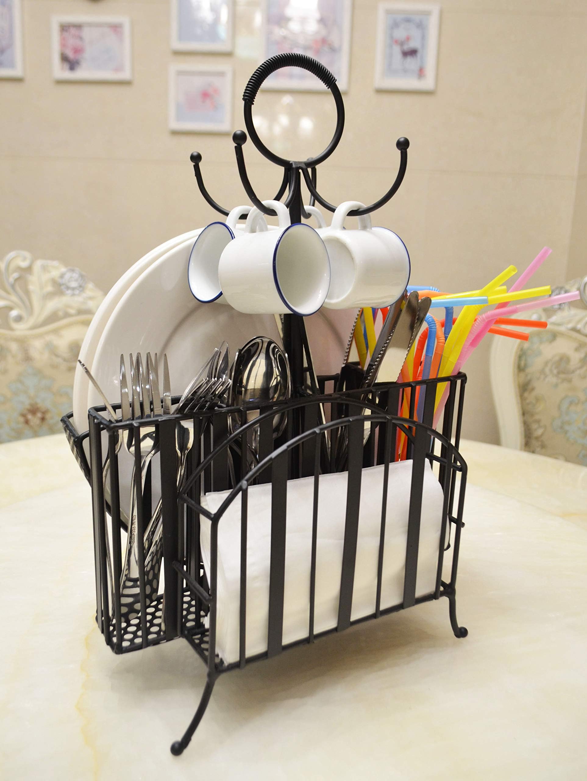 ShabbyDecor Picnic Caddy Organizer Flatware Caddy with Paper Plate Holder,Matt Black L 11.5โโ W 6.9โโ H 16โโ