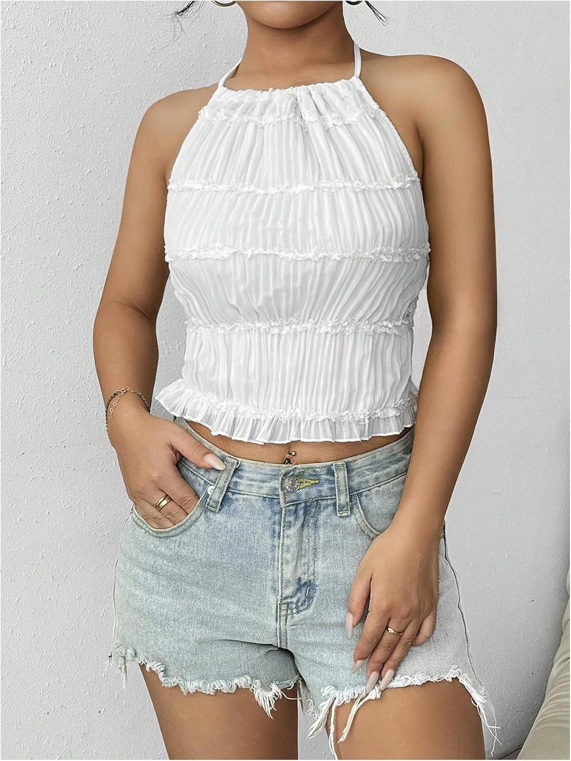 SOLY HUX Open Back Halter Tops for Women Tie Backless Ruffle Crop Tops Sleeveless Y2K Going Out Camisoles - Image 4