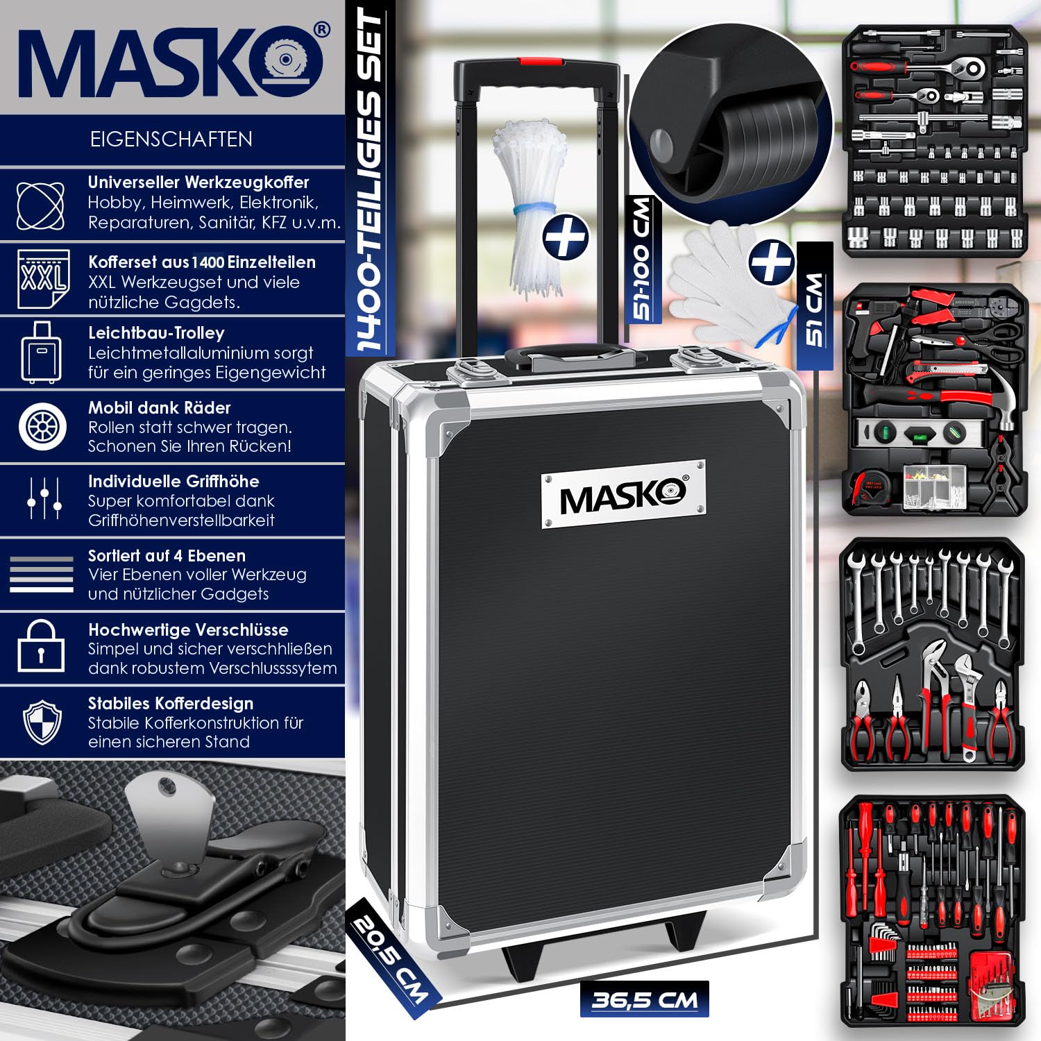 MASKO® Cassetta degli attrezzi portatile con utensili | 969 Pezzi Set di Attrezzi in Valigetta di Alluminio con Ruote per Fai da te | Cassetta porta attrezzi a mano | Strumenti professionali Nero