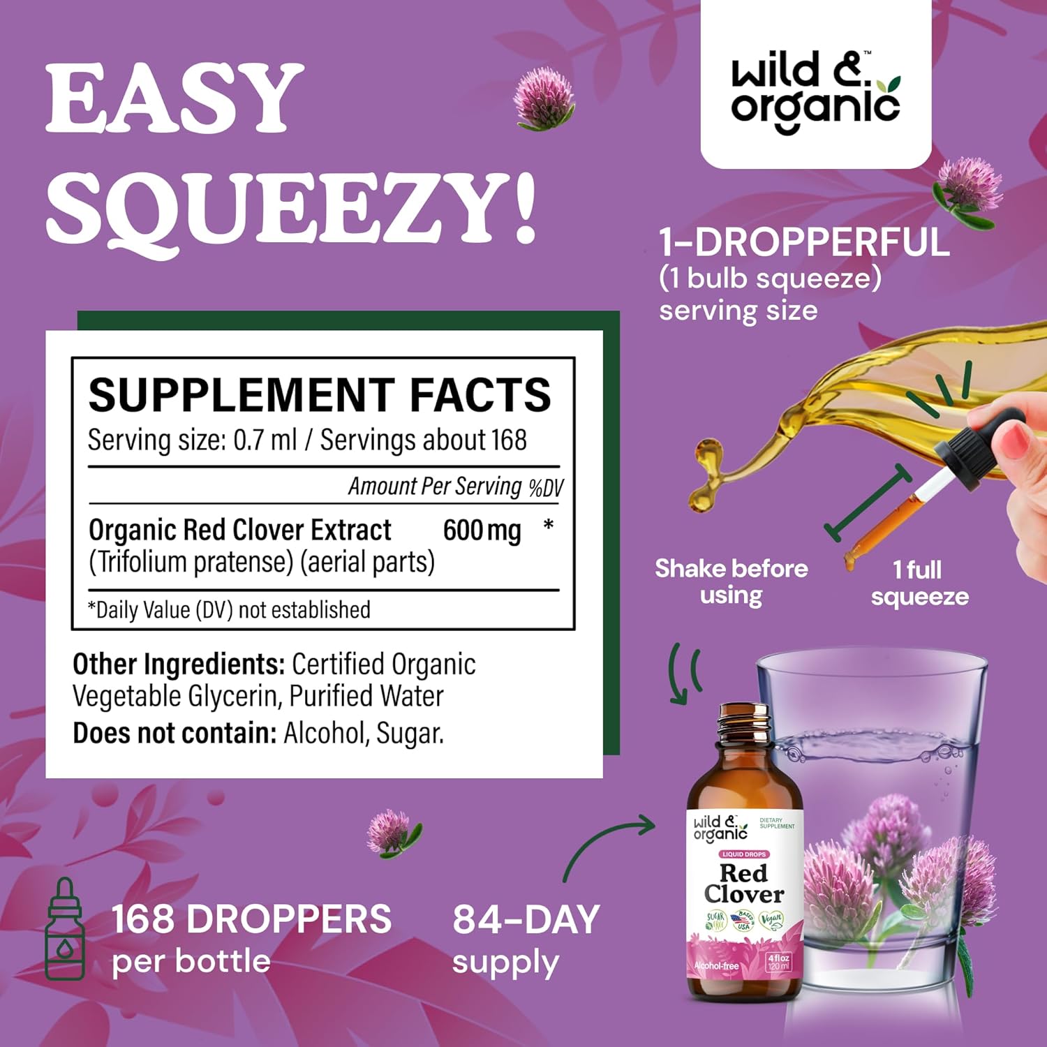 Wild & Organic Red Clover Tincture - Menopause Supplements for Women - 600 mg Liquid Red Clover Supplement - 2-Month Supply - Trifolium Pratense Herb - Vegan, Sugar & Alcohol-Free Extract Drops - 4 oz - Image 3