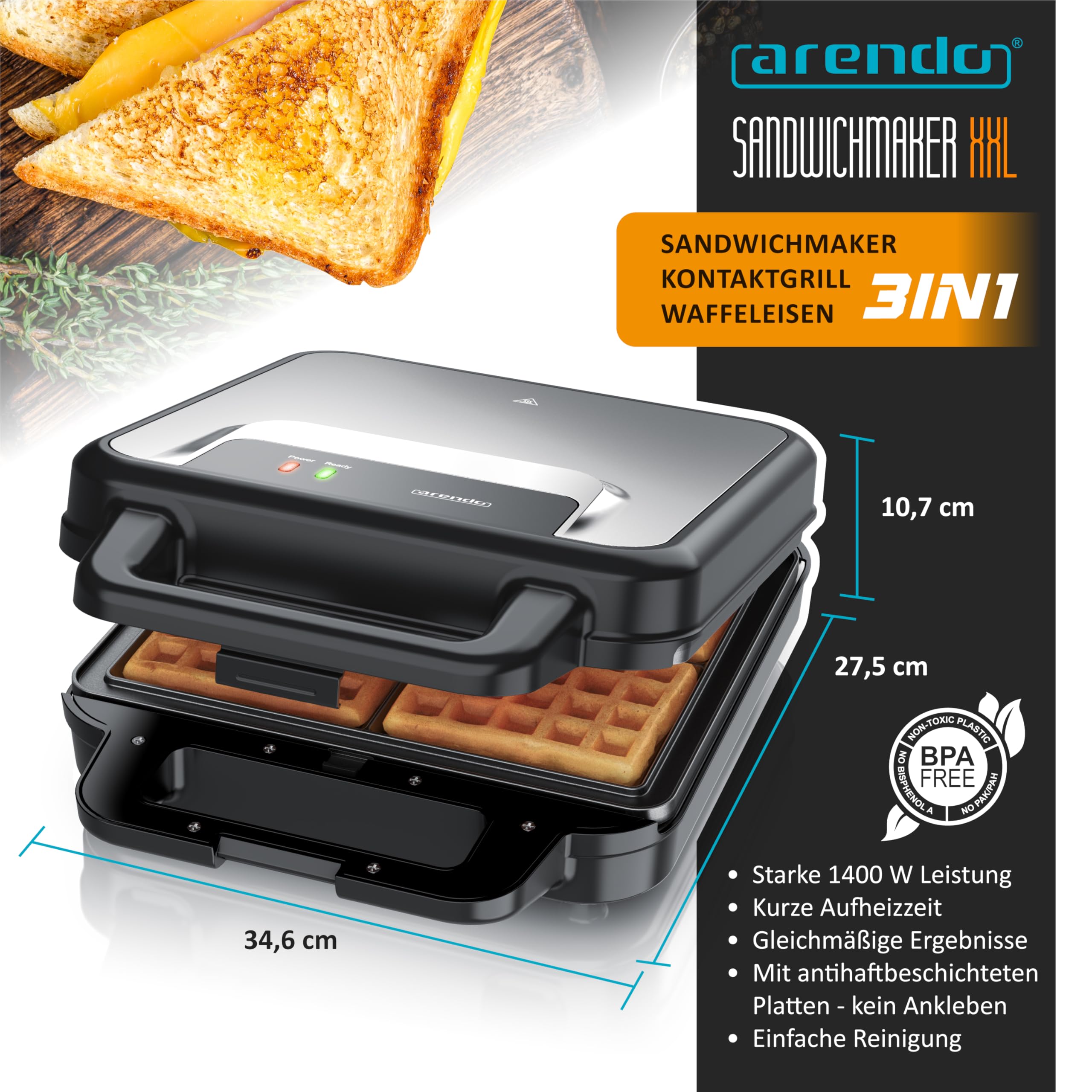 Arendo - Sandwichmaker XXL 4er - 3 in 1 Waffeleisen Kontaktgrill mit abnehmbaren Platten - mit Antihaftbeschichtung - BPA frei - Temperaturkontrolle – Sandwichtoaster - 4er Platten