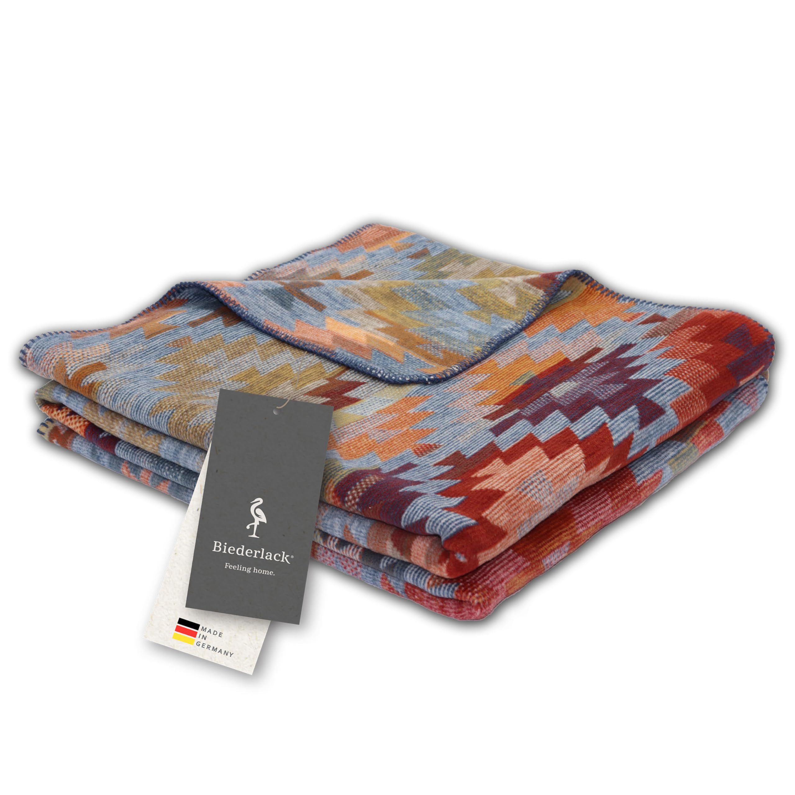 biederlack® Flauschige Kuscheldecke Navajo, Bunte Couchdecke in 150x200 cm | Made in Germany, Ethno Wohndecke in blau-orange, Sofadecke aus Baumwollmischgewebe, farbenfrohe Decke, OEKO-TEX Made in Green