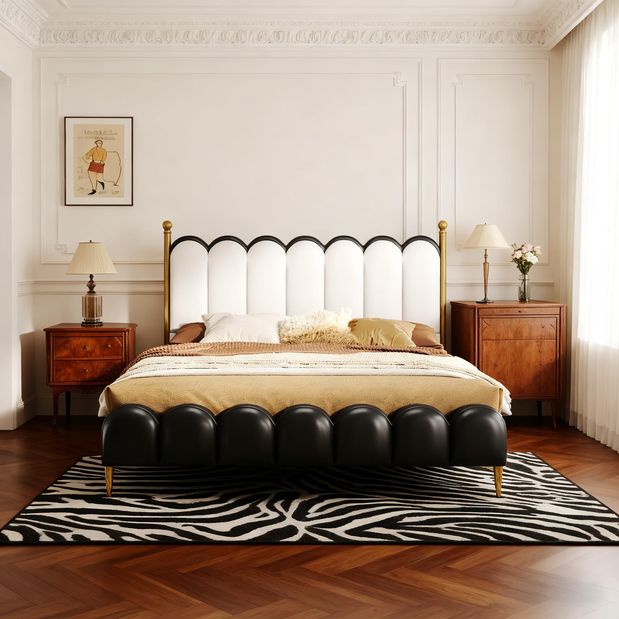 Christopher Knight Home Olimo Queen Size Platform Bed, Faux Leather Headboard and Footboard, Upholstered Back, Stable Slats Frame Support, No Spring Box Needed, Easy Assembly, 47.7" H White+Black