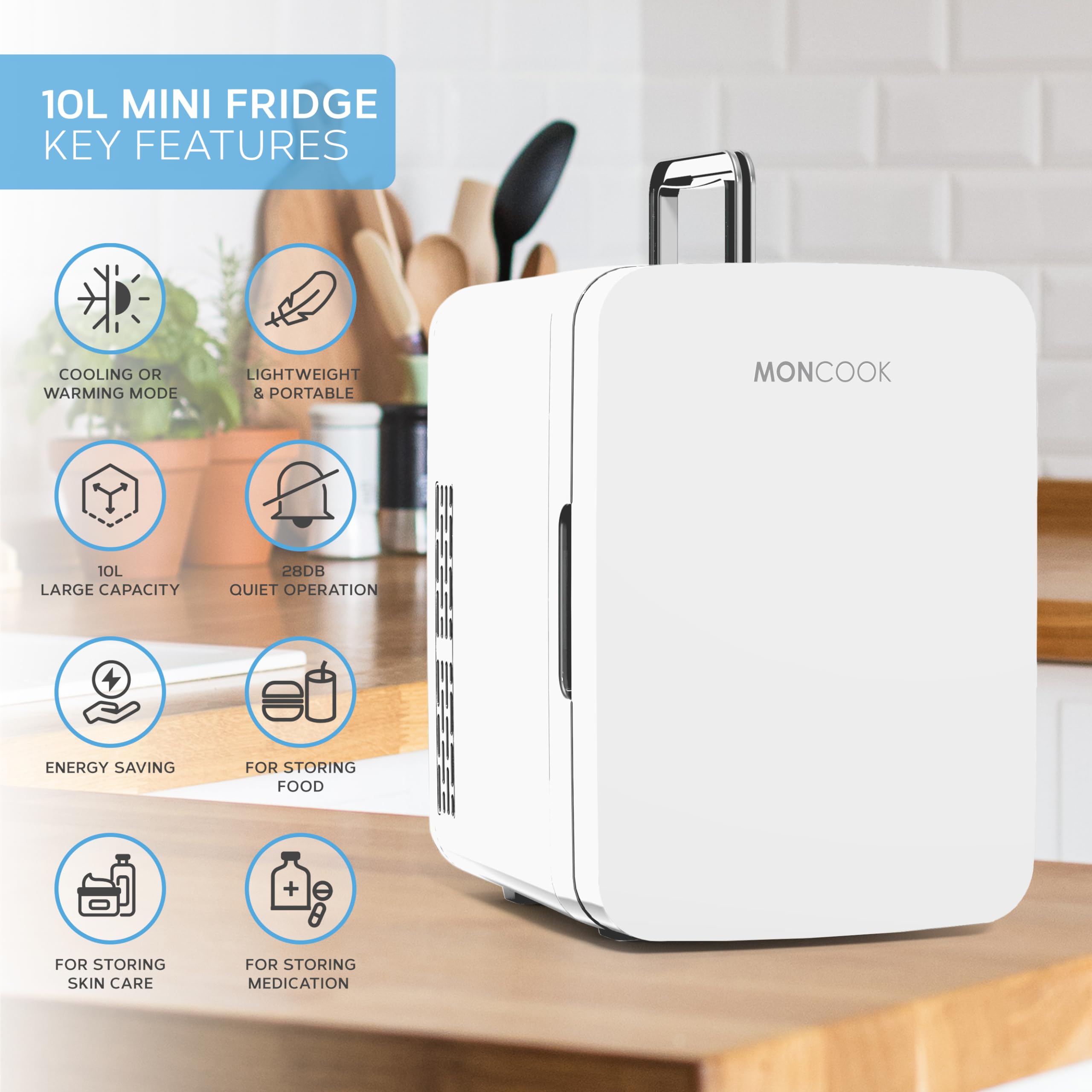 MONCOOK Mini Fridge For Bedrooms - Small, Portable & Quiet - Glass Door Mini Fridge For Skincare, Food & Drinks - Cooling & Warming Function - Perfect For Home, Office, Car Or Travel - 10L White