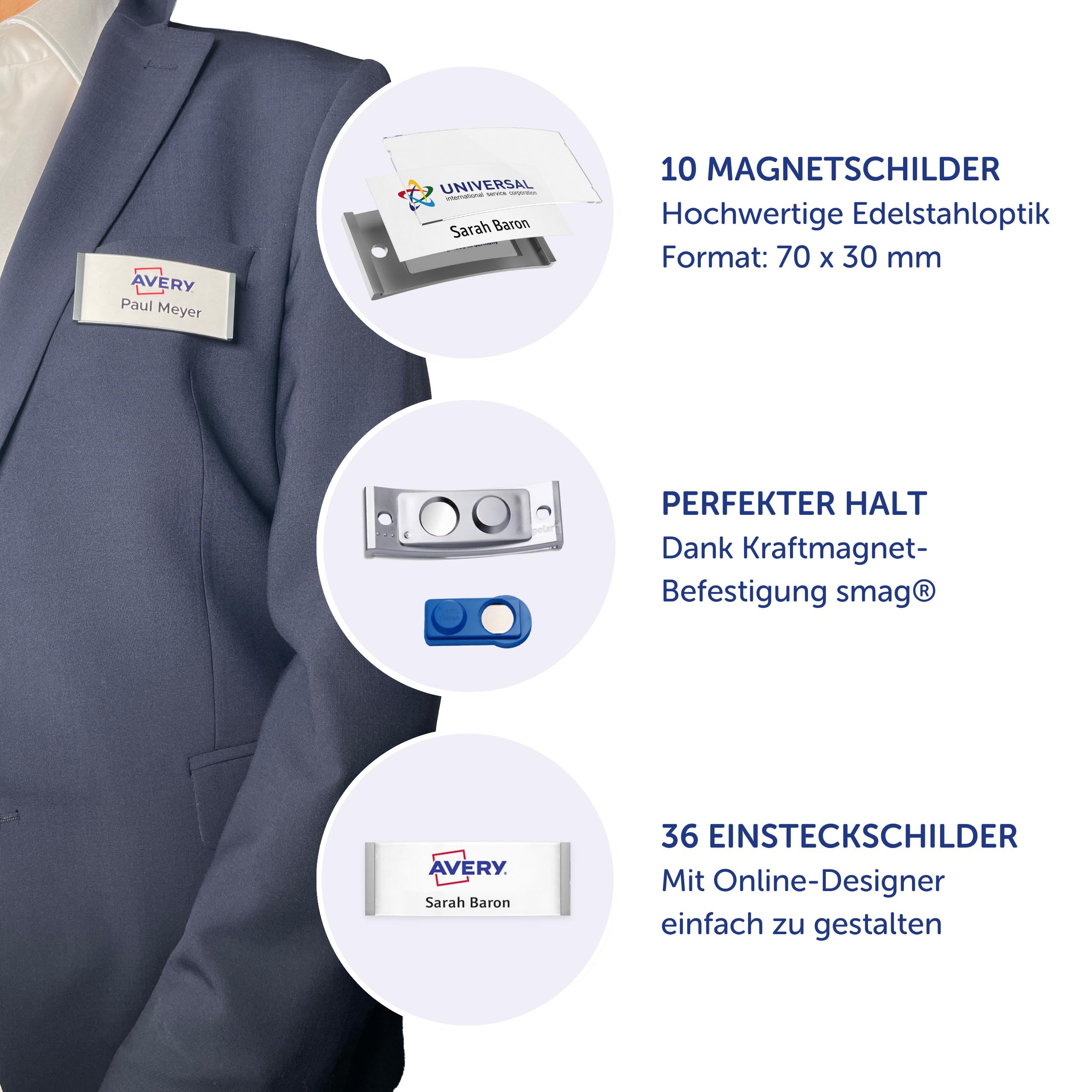 AVERY Zweckform polar30 Namensschilder 10 Stück (70x30mm, 10 Schilder mit Magnet, verdrehsicher, mit blanko Einsteckschildern zum Bedrucken, magnetische Namensschilder für Kleidung) edelstahl matt