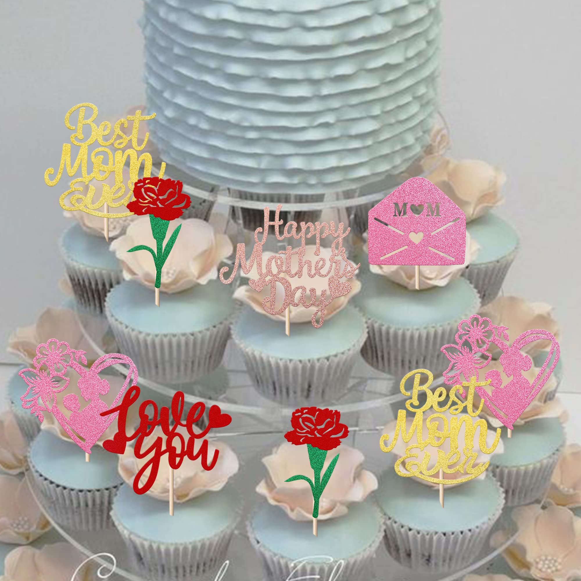 24 Stück Mother's Day Cupcake-Topper – Glitzer, Rosen, 'Love You Mom', Für Muttertags-Party