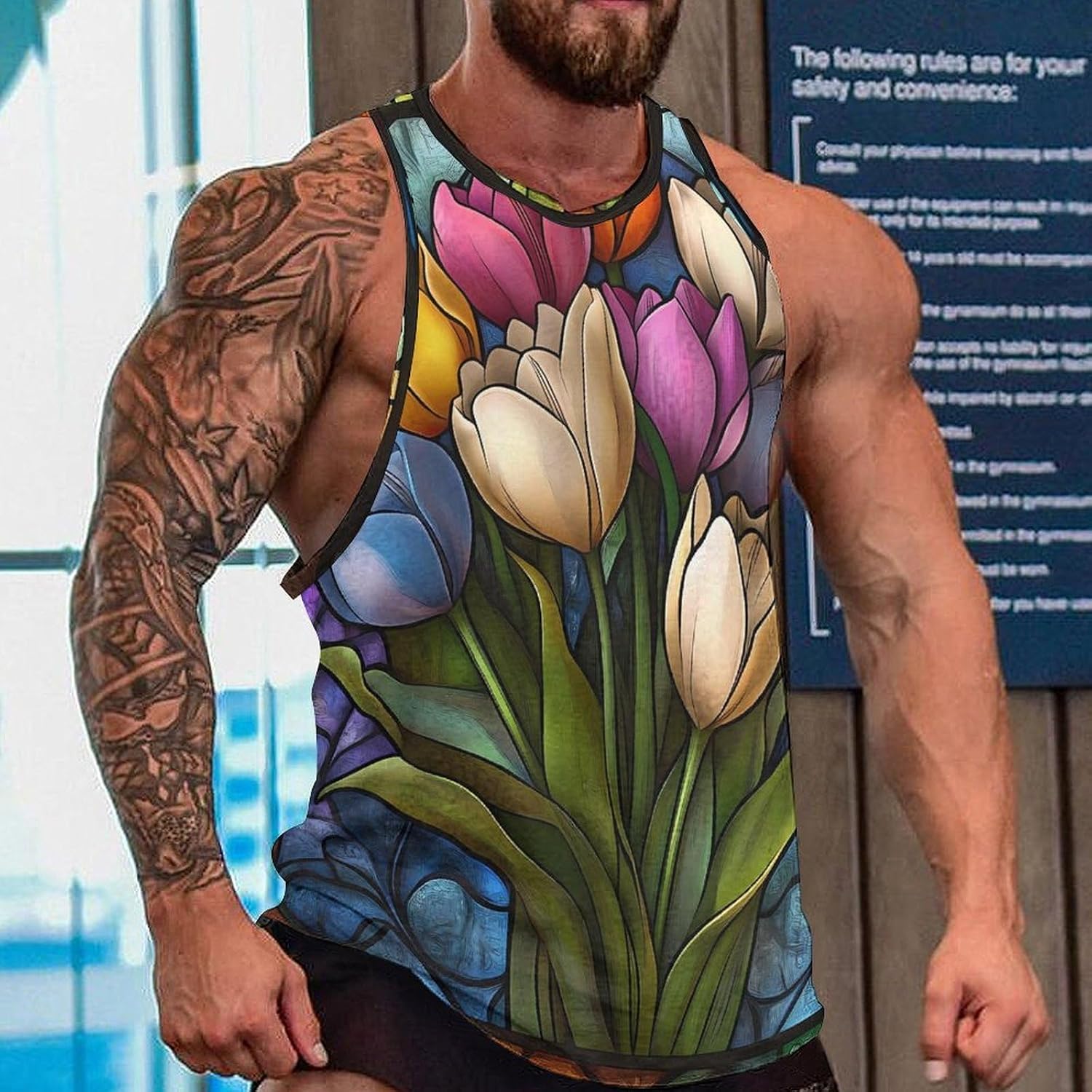 Tulips Men's Tank Tops Sleeveless Muscle Shirts for Men Lightweight Vest Crew Neck T-Shirts