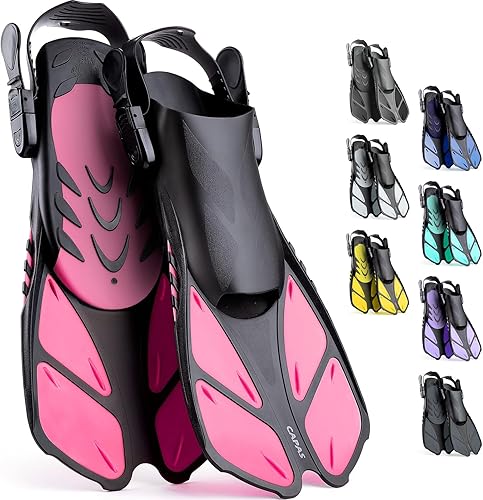 Miniatura 15 de CAPAS - Aletas de natación de talón abierto, tamaño de viaje, cortas, ajustables para buceo, adultos, hombres, mujeres y niños Púrpura,Negro