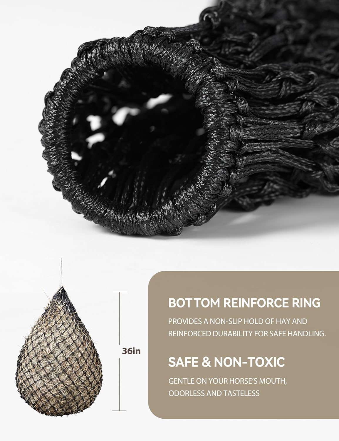 Tackmore 2pcs 36’’ Length Slow Feed Hay Nets for Horses & Livestock Easy to Hang Hay Bags for Horses with Drawstring Closure-Black 1.25" (Ultra Slow Feed)