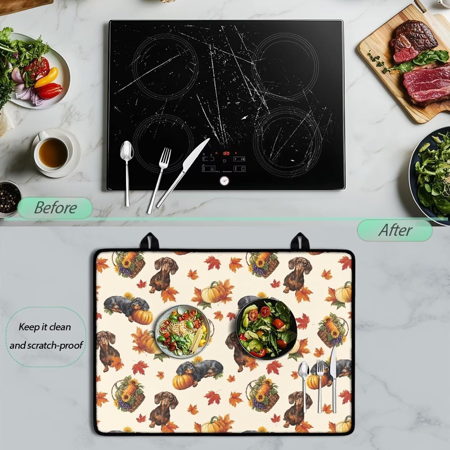 Stove Top Cover for Electric Stove, Anti-Slip Waterproof Range Covers for Electric Stove Silicone Dish Drying Mat Glass Cooktop Covers Flat RV Range Top Mats, Thanksgiving Dachshund