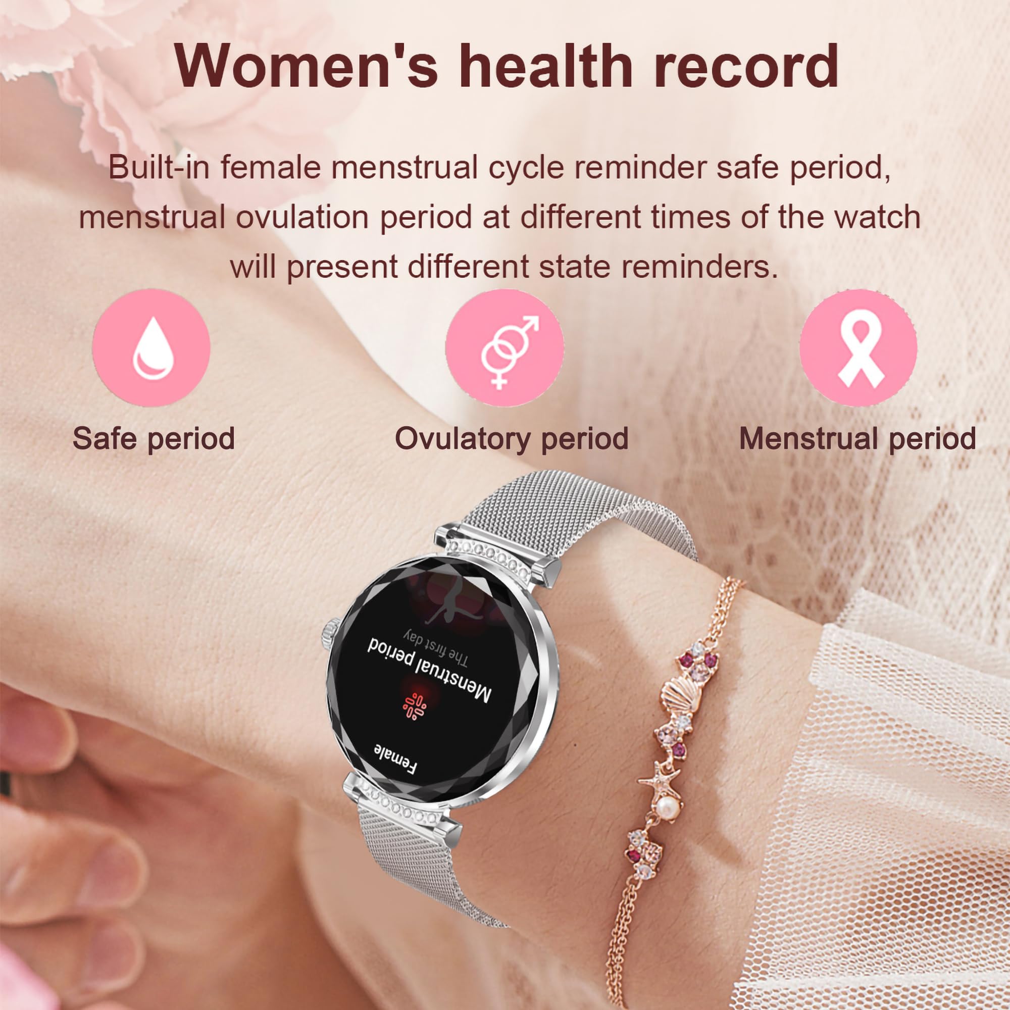 LONGLU Montre Intelligente pour Femmes avec Appel téléphonique Bluetooth pour iPhone et téléphones Android Tracker de Fitness Multi-Sport avec réponse/appels imperméable (Argenté)