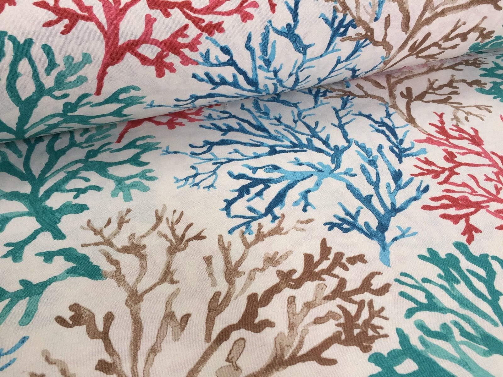 Blue Coral Reef Fabric Curtain Upholstery Cotton Material Sea Teal, Brown, Red Corals -140cm or 55" Wide (Sold by The metre)