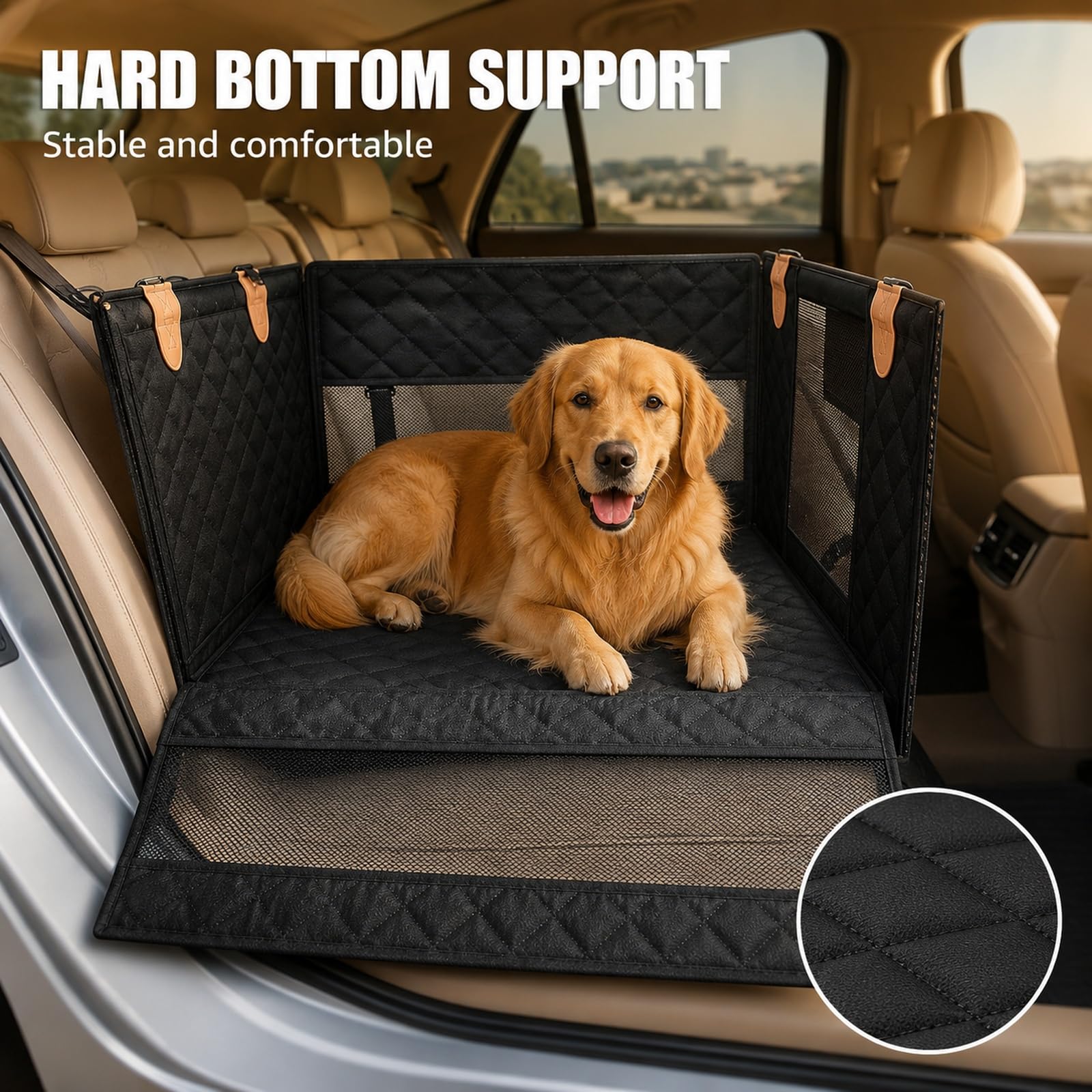 GOOGO Hunde Autositz für Rückbank, Wasserdichter Hundesitz Auto Rückbank mit Netzfenstern und 4 Befestigungsgurten, Hundekorb Auto Rücksitz für für Mittelgroße und Große Hunde (Schwarz)