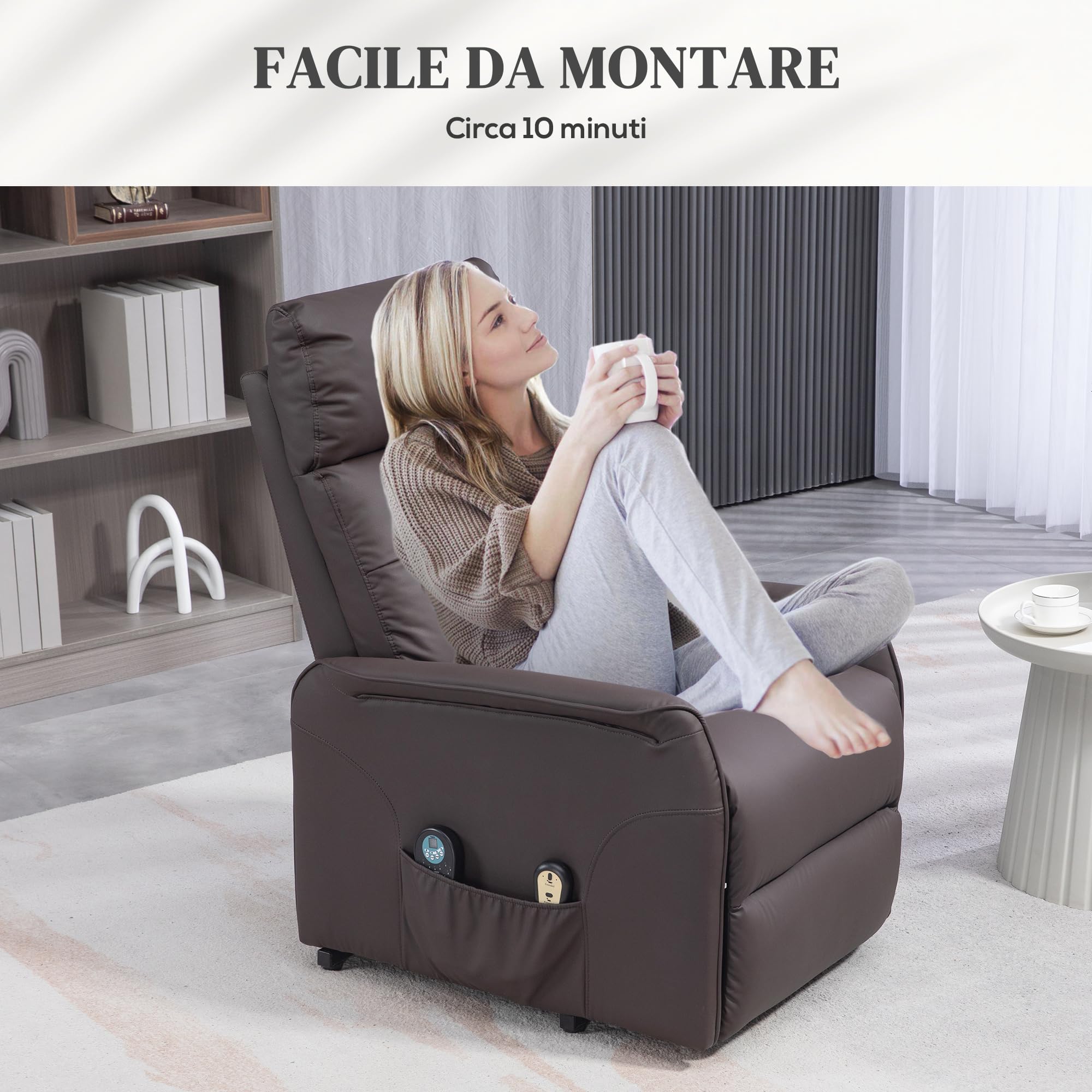 HOMCOM Poltrona Elettrica Alzapersona Reclinabile in Tessuto, Poltrona Relax Elettrica (Tessuto antigraffio (60% poliuretano, 40% poliestere), Marrone scuro, 67L x 89P x 102A cm)