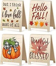 4Pcs Hello Fall Decorations for Home Thanksgiving Decor Desk Sign Gifts for Coworkers Friends I Love Fall Most Of All Thankful Blessed Plaque for Farmhouse Garden Yard Autumn Decor White Elephant Gift