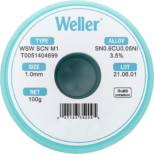 Miniatura 2 de Weller WSW SCN M1 (T0051404699) Alambre de soldadura, diámetro 1,0 mm  0,039 in, peso 100 g  3,527 oz, aleación Sn99.3Cu0.6Ni0.05, contenido de