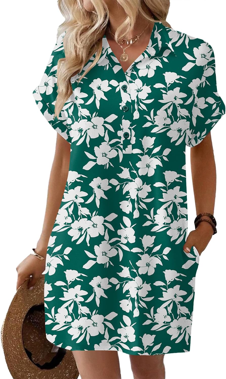 HOTOUCH Womens Summer Shirt Dress 2026 Short Sleeve Floral Shift Dress Casual Loose Flowy Beach Sundress with Pockets