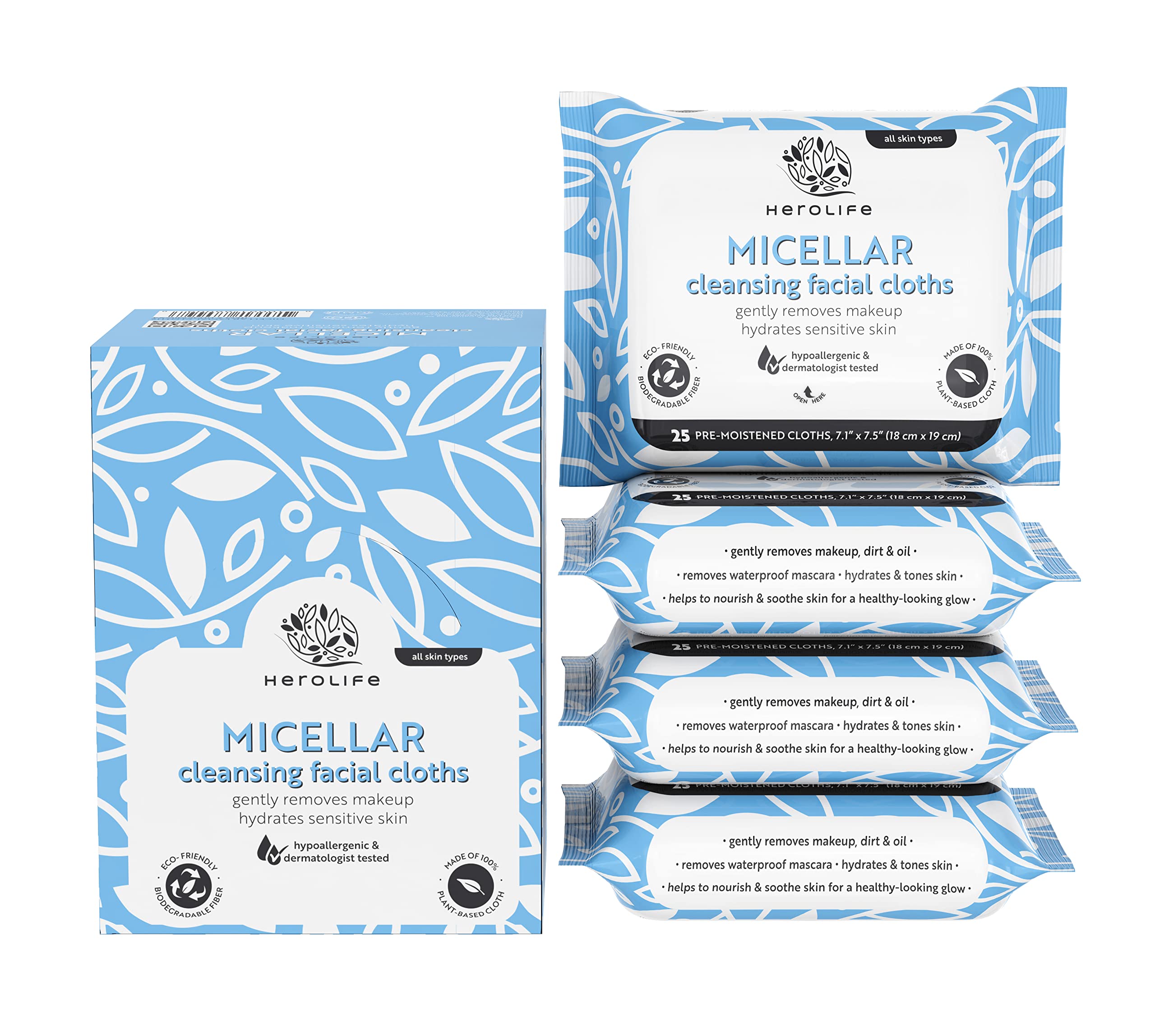 HEROLIFE Large Micellar Makeup Remover Cleansing Facial Cloths, Plant-Based, Biodegradable, Pre-moistened Cloths, Hypoalle...