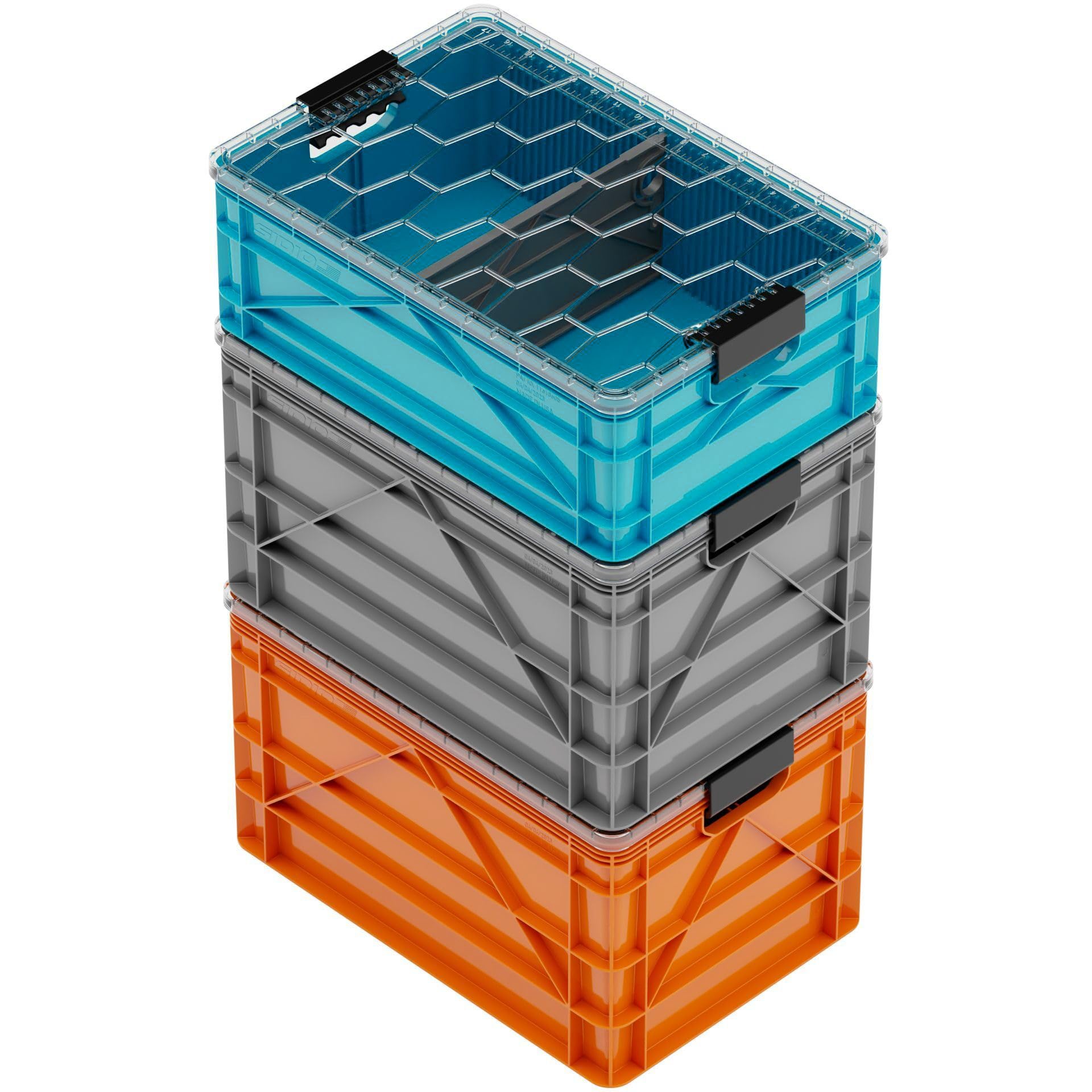 SIDIO CRATE Starter Pack – Dos SidioCrate de tamaño completo y uno de tamaño medio, contenedores de almacenamiento apilables para exteriores con tapa transparente y divisores – Paquete variado SIDIO
