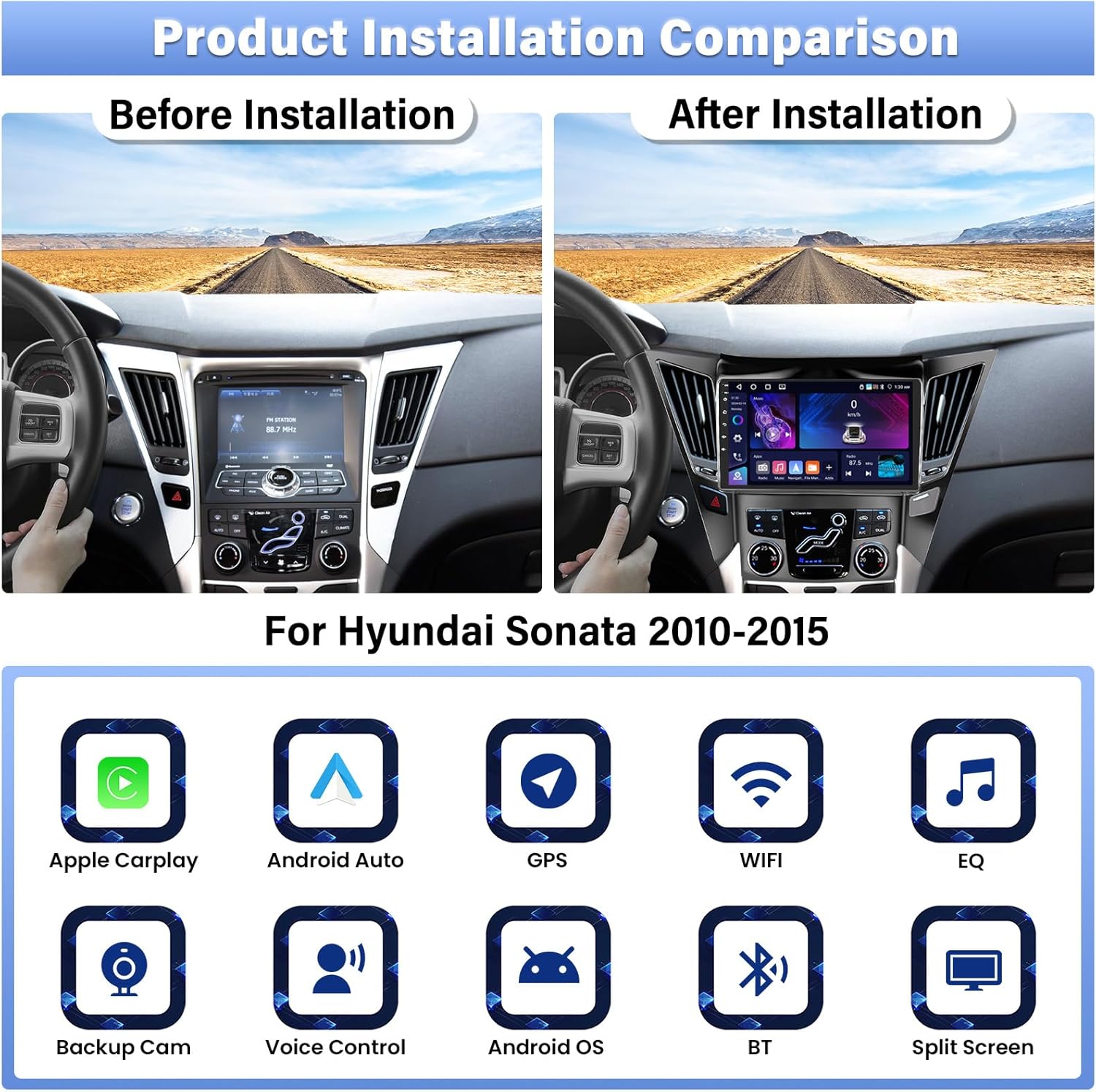 4+64G Android 13 Car Radio for Hyundai Sonata 2010-2015, 9'' HD 1280 * 720 Touchscreen Stereo with Wireless CarPlay Android Auto Mirror Link GPS Navi Bluetooth,WiFi,32EQ,SWC+Camera&Mic