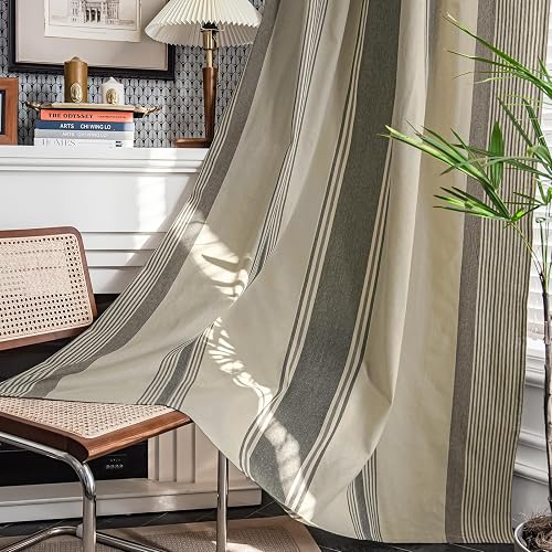ColorBird Brown and Grey Striped Curtains 2 Panels Set, Modern Farmhouse Vintage Patterned Short Kitchen Curtain 63 Inches Length, Light Filtering Window Treatment Drapes for Living Room Bedroom