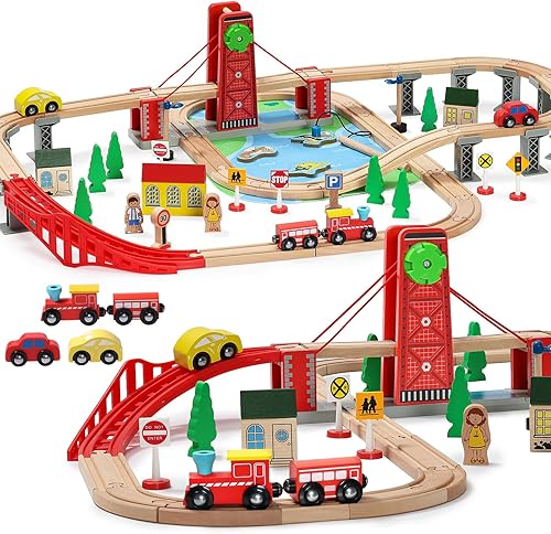 SainSmart Jr. Juego de tren de madera para niños pequeños, pista de tren de madera de doble cara con 4 trenes para Brio, Thomas, Melissa y Doug, kit