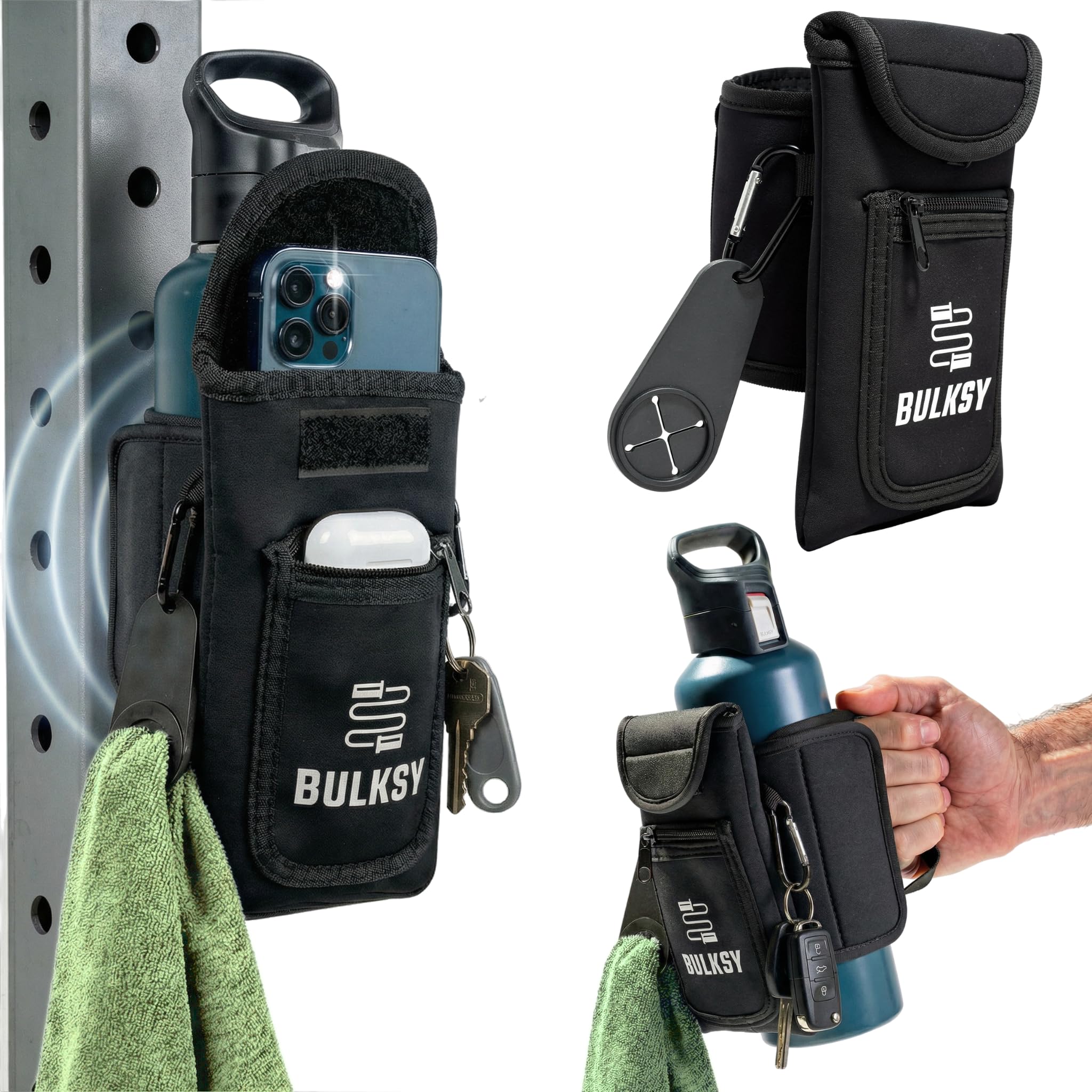 Borsa Magnetica per Accessori Palestra - Porta Borraccia con Tasca Smartphone e AirPods - Borsa Magnetica Palestra Accessori Versatile - Magnete per Macchinari Palestra - Adatta a Bottiglie 1L &1,5L