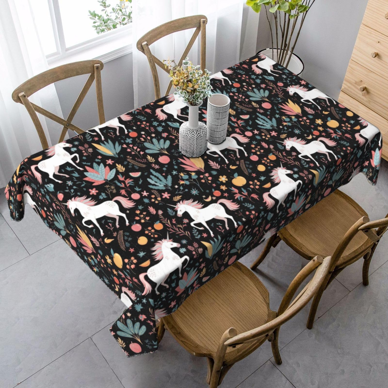 Housse de table pour salle à manger motif cheval et fleurs noires design Halloween chic