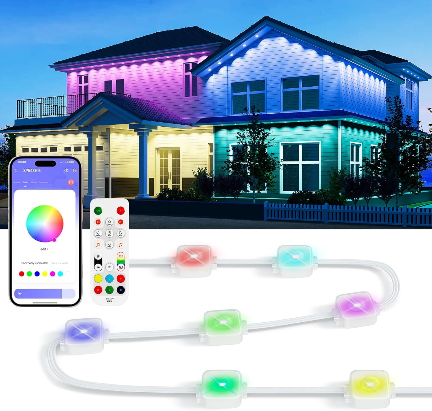 Permanent Outdoor Lights, 105ft Smart RGB with 60 LED Eaves Lights, IP68 Waterproof, 75 Scene Modes for Halloween Decorations, Christmas, and Daily Lighting—Compatible with Alexa and Google Assistant
