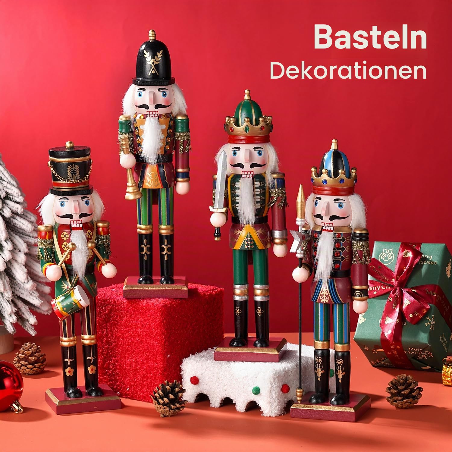 4pc Weihnachten Nussknacker Soldat 30cm Holz Nussknacker Weihnachtsdekorationen für Kamin, Weihnachten Nussknacker Figuren Indoor Weihnachtsdekorationen -Trompeter, Drummer, Schwertmänner, Pikeman
