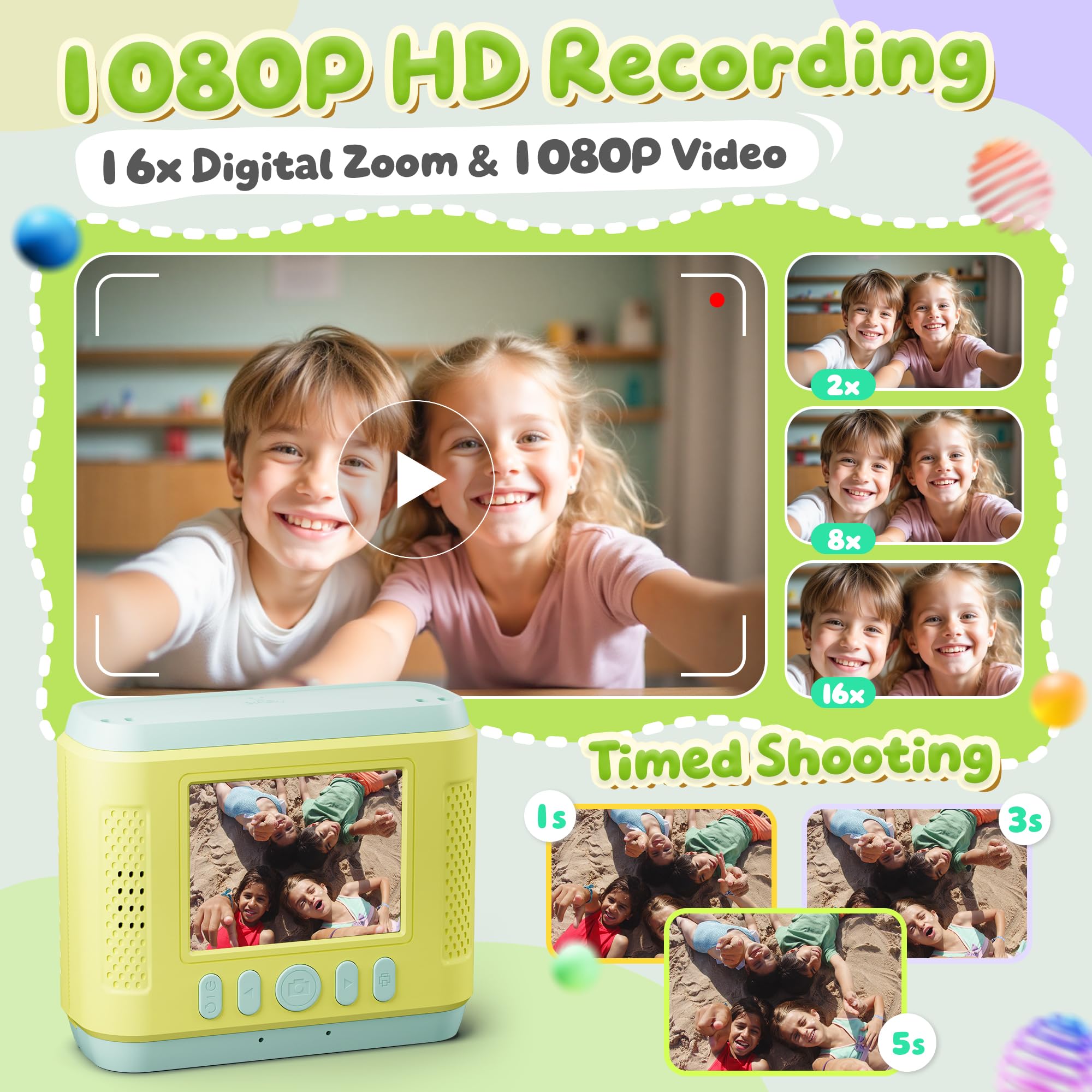CalineGam Macchina Fotografica Bambini Istantanea, HD 1080P Fotocamera Istantanea per Bambini con Scheda 32G e Carta Fotografica, Regalo per Ragazze Ragazzi da 3-12 Anni (Verde)
