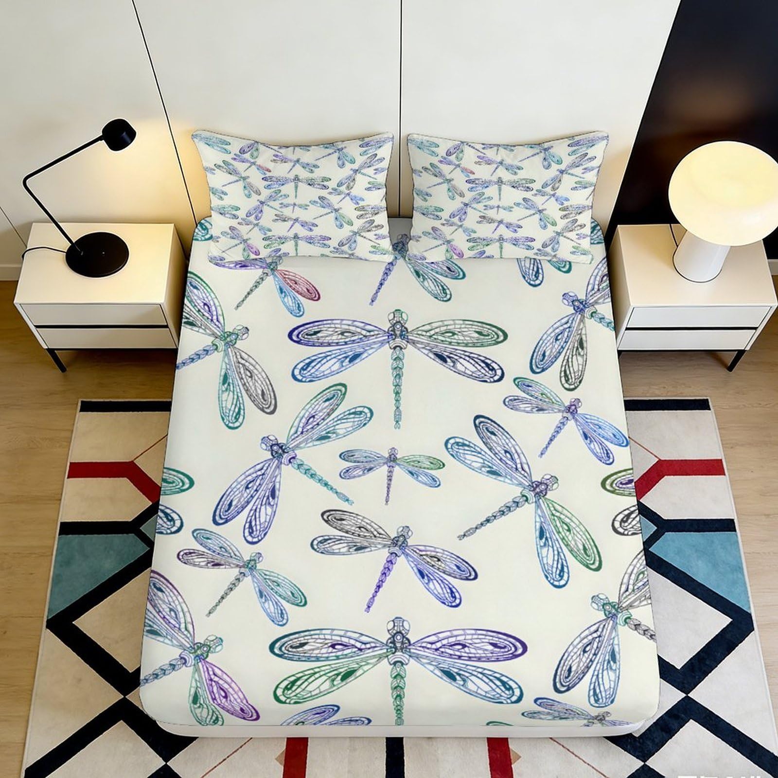 3D Printed Dragonfly Pattern Fitted Sheet Microfiber Soft Mattress Cover for Bedroom Dorm Decor Protection 90x200x25cm