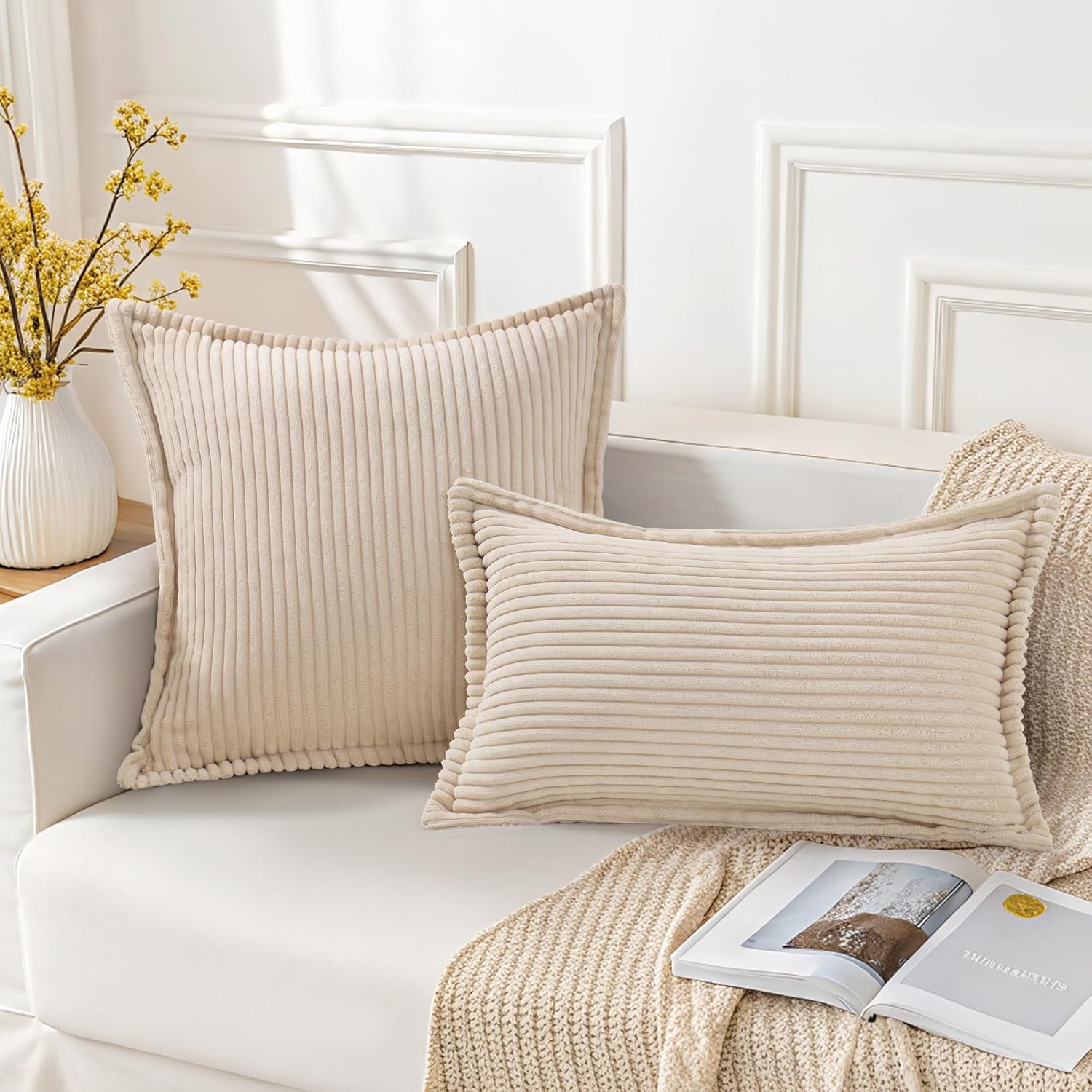 Mecatny Corduroy Throw Pillow Covers 26x26 Set of 2, Neutral Decorative Soft Boho Couch Pillow Covers with Broadside for Sofa Living Room, Beige Beige 26" x 26" (Pack of 2)