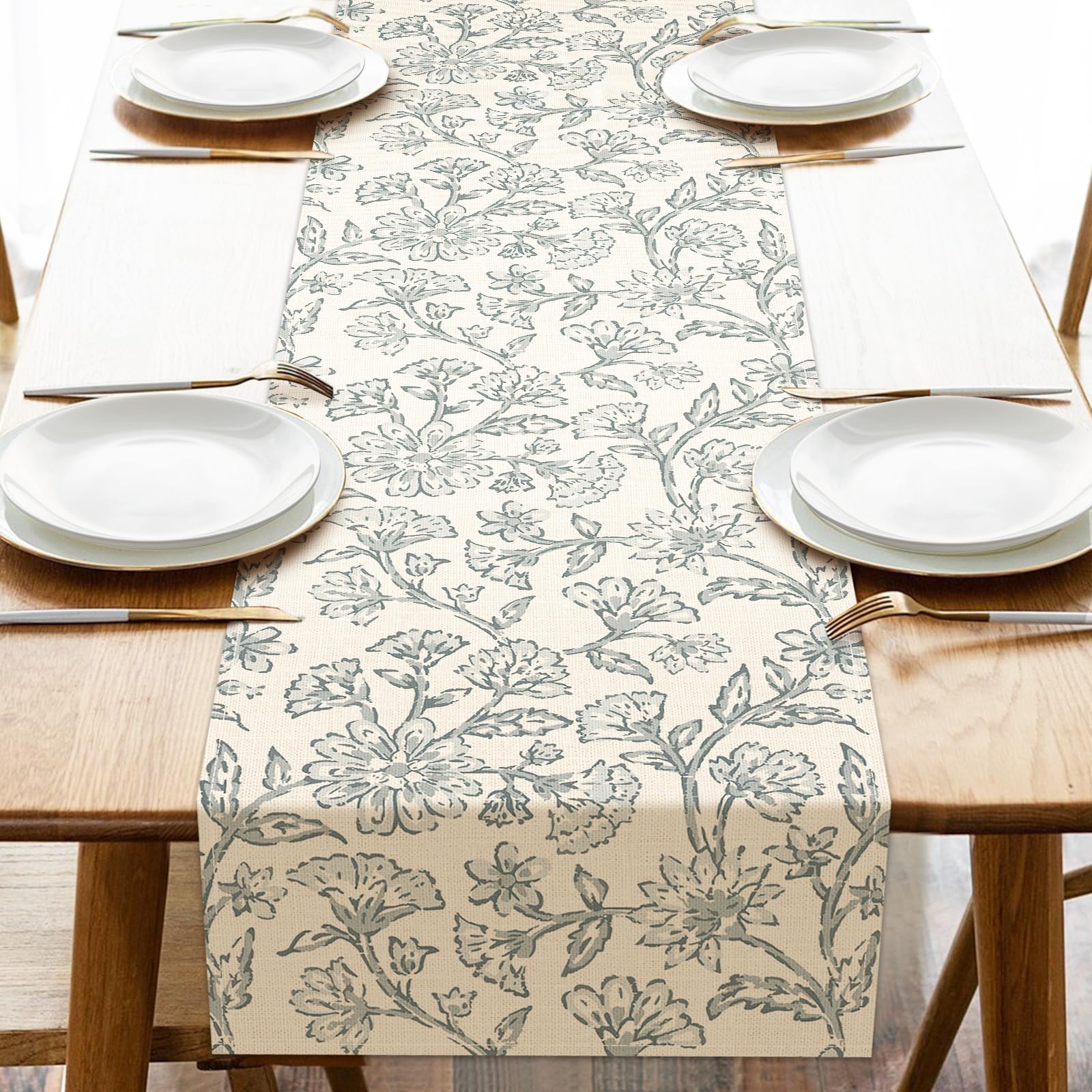 Croar Vintage Floral Dining Table Runner, Blue Retro Flower Burlap Kitchen Decoration, Botanical Indoor Outdoor Home Decor Party Supply 13 x 72 Inches