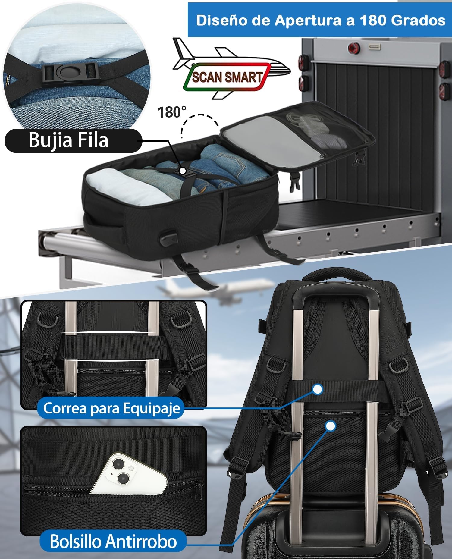 KLOSTAIN Mochila Viaje Cabina Avion 40x20x25 para Ryanair 20L Mochila Cabina Equipaje de Mano Bolso Mochilas Hombre para Portatil Negro