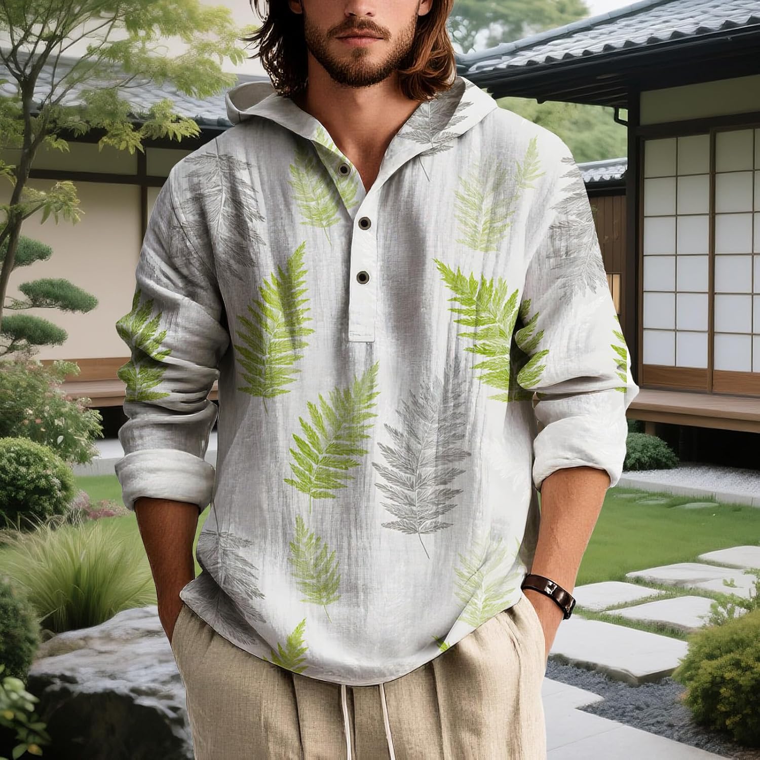 Mens Hooded Floral Button Down Shirt Long Sleeve Lightweight Relaxed Fit Nature Inspired Top for Spring - Image 2