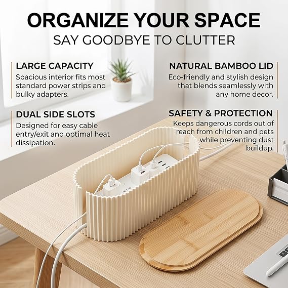 DASIAUTOEM Cable Box Cable Management Box Cable Organiser Box with Bamboo Lid for Hiding and Tidying Cables Socket Box Desk Cable Management Box for Office Home