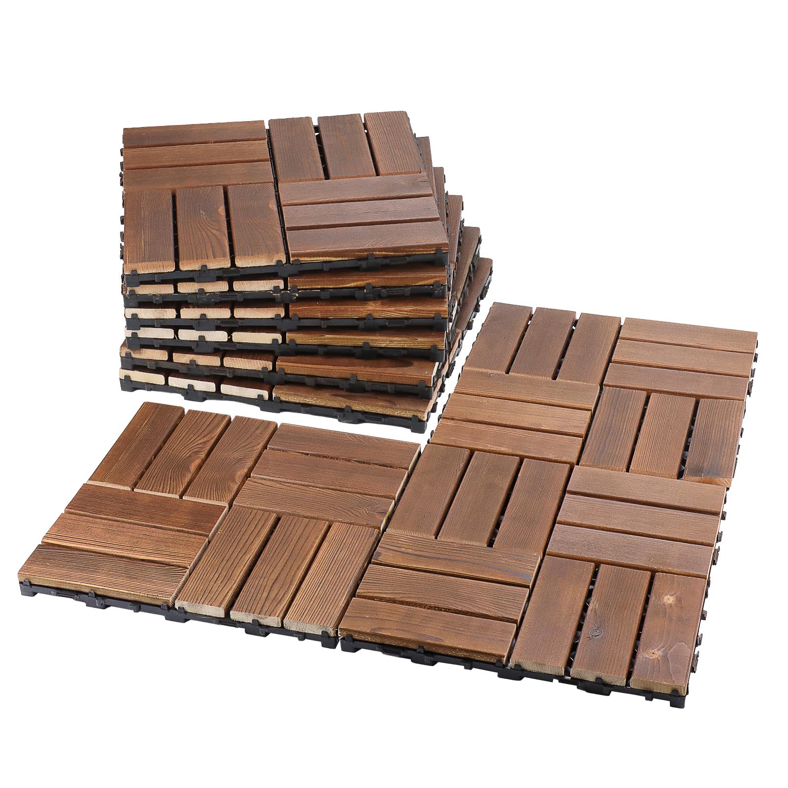 6 Pack Acacia Wood Interlocking Deck Tiles, 30 cm Patio Floor Tiles