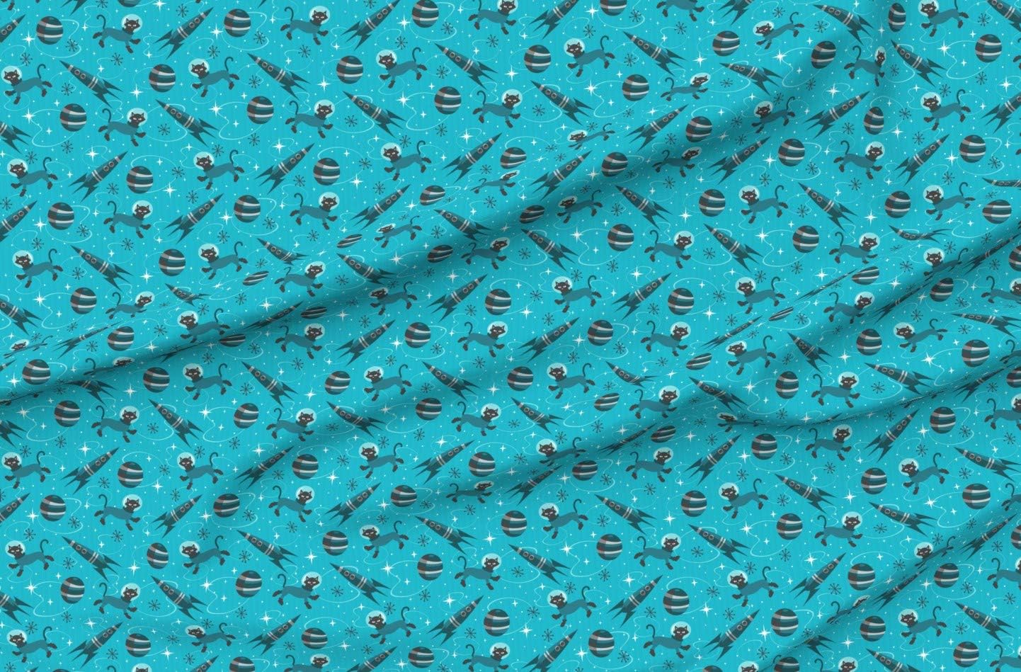Spoonflower Fabric - Cats Future Teal Cat Pet Animal Retro Atomic Rocket Space Astronaut Printed on Organic Cotton Sateen Fabric by The Yard - Sewing Quilting Apparel Home Decor