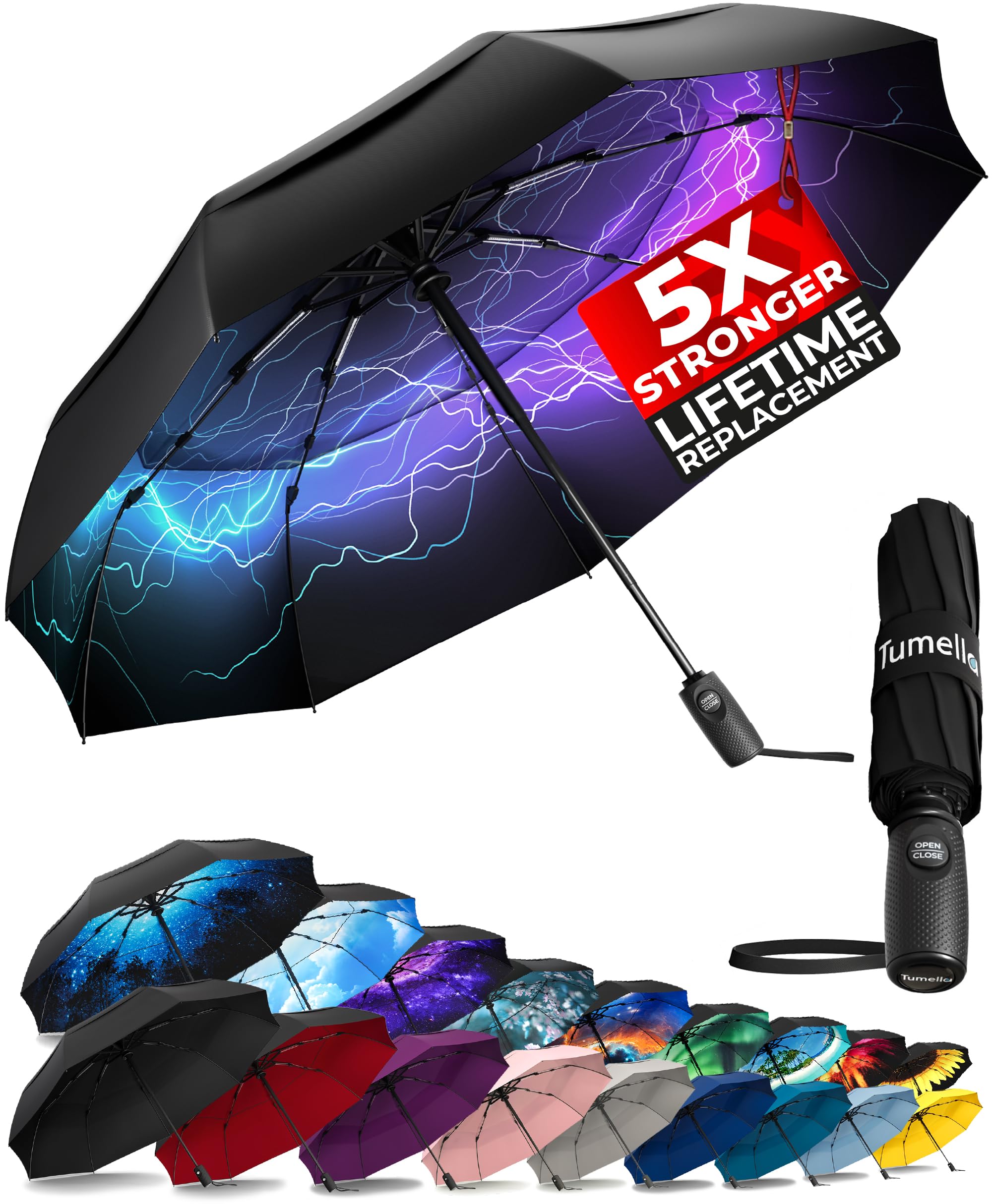 TUMELLA Strongest Windproof Travel Umbrella (Compact, 100MPH Wind-Tested), Light, Portable, One-Handed Use, Automatic Folding Rain Umbrella, Durable, Premium Grip, Fits Car &amp; Backpack