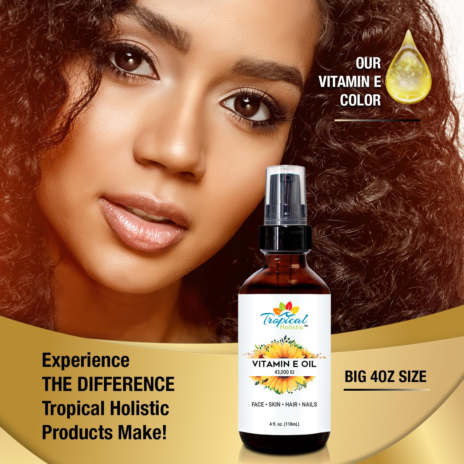 Tropical Holistic Pure Organic Vitamin E Oil 4 fl oz - 43,000 IU, 100% Plant Based Natural Moisturizer for Skin, Scars, Nails, Acne, Hair Growth, Wrinkles, Dark Spots