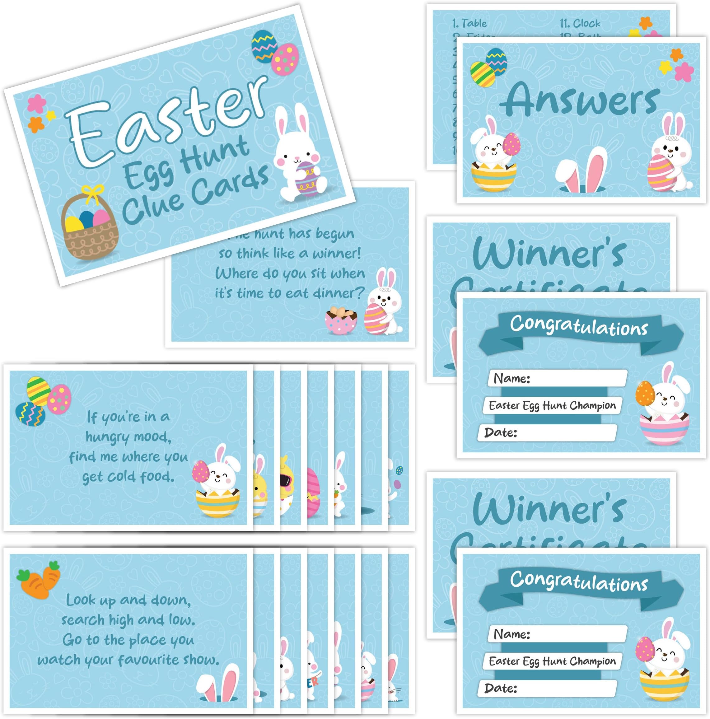Easter Egg Hunt Clue Cards for Children Kids - Large Easter Scavenger Hunt Indoor Reusable Cards Household Activity with Winning Certificates