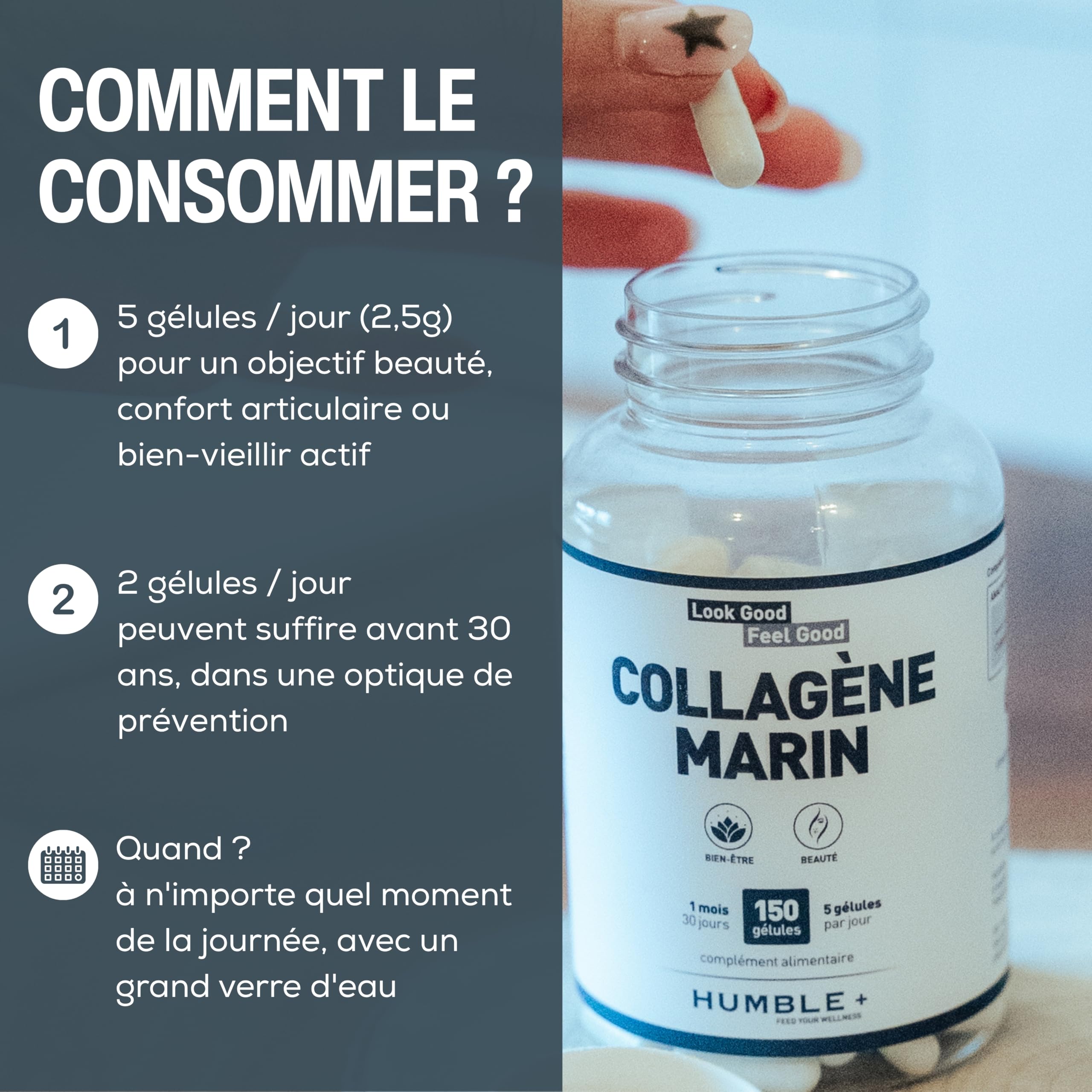 HUMBLE+ Pack Beauté In&Out 1 Mois - Crème 4% + Collagène 150 Gélules | Crème collagène marin 4% & collagène marin ultra-concentré 150 gélules - Routine beauté quotidienne - Marque Française