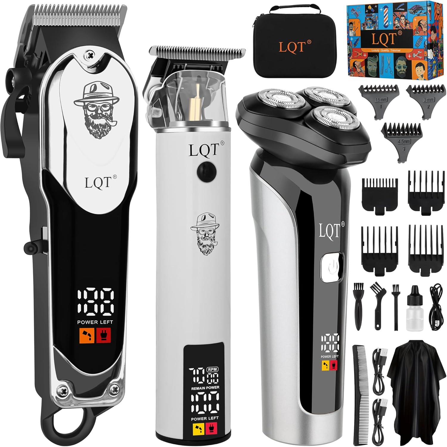 Professional Barber Kit for Men, Cordless Hair Clipper, Trimmer & Rotary Shaver Set with LED Display, USB-C Rechargeable Battery,Precision Blades,Adjustable Speeds,Low Noise,Grooming Gifts for Men
