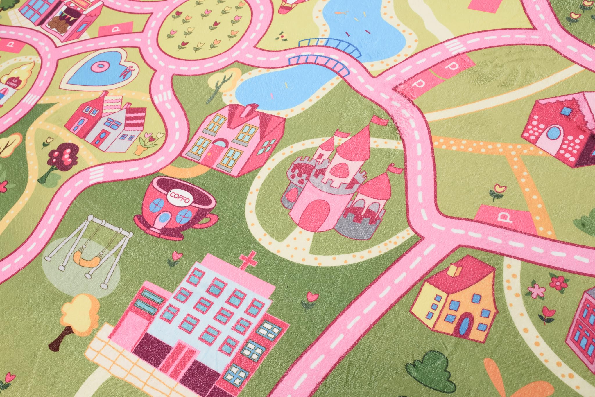 TAPISO Flannel Tapis Chambre Enfant Bébé Fille Garçon Antidérapant Lavable Rose Vert Bleu Blanc Tapis de Jeux Voiture Circuit Route Ville Poils Ras Oeko-TEX Résistant 120 x 170 cm