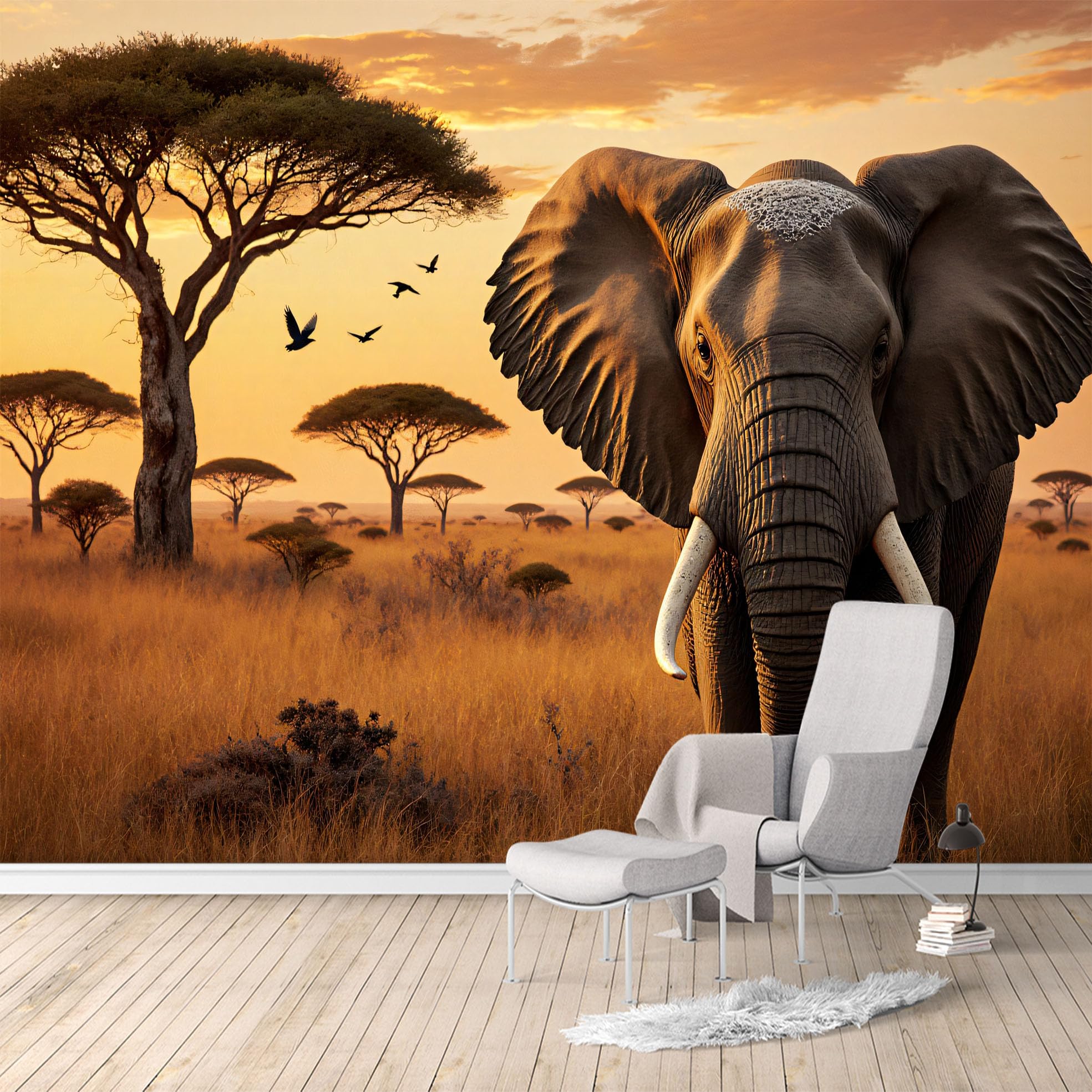 Custom Size Wall Murals,African Elephant Sunset Savannah Acacia Tree Landscape,Removable Self Adhesive Large Wallpaper Mural for Living Room Bedroom Office Home Decor