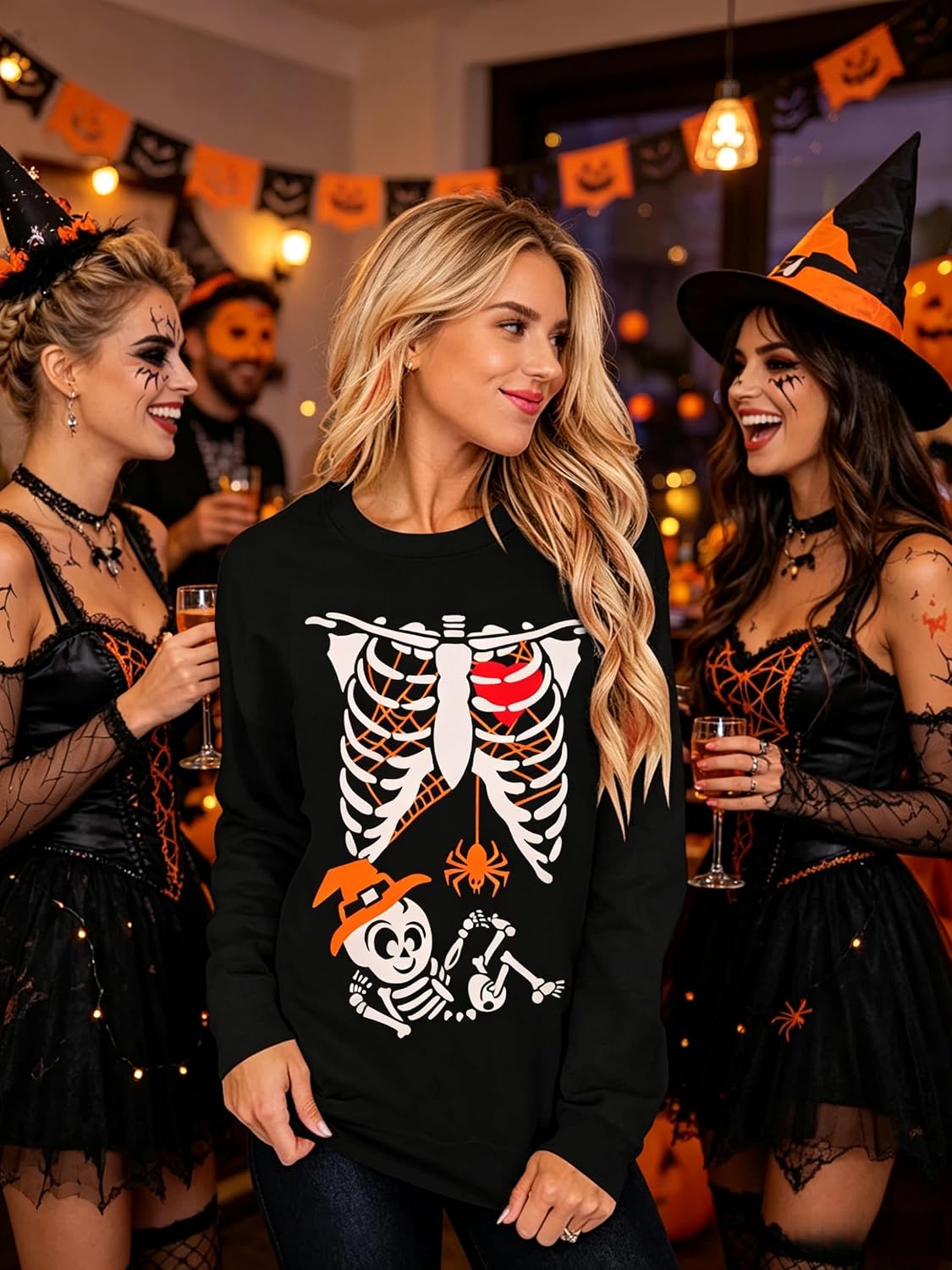 Barlver Women's Halloween Funny Skeleton T-Shirt Pumpkin Face Long Sleeve Novelty Cotton Costume Top Tees