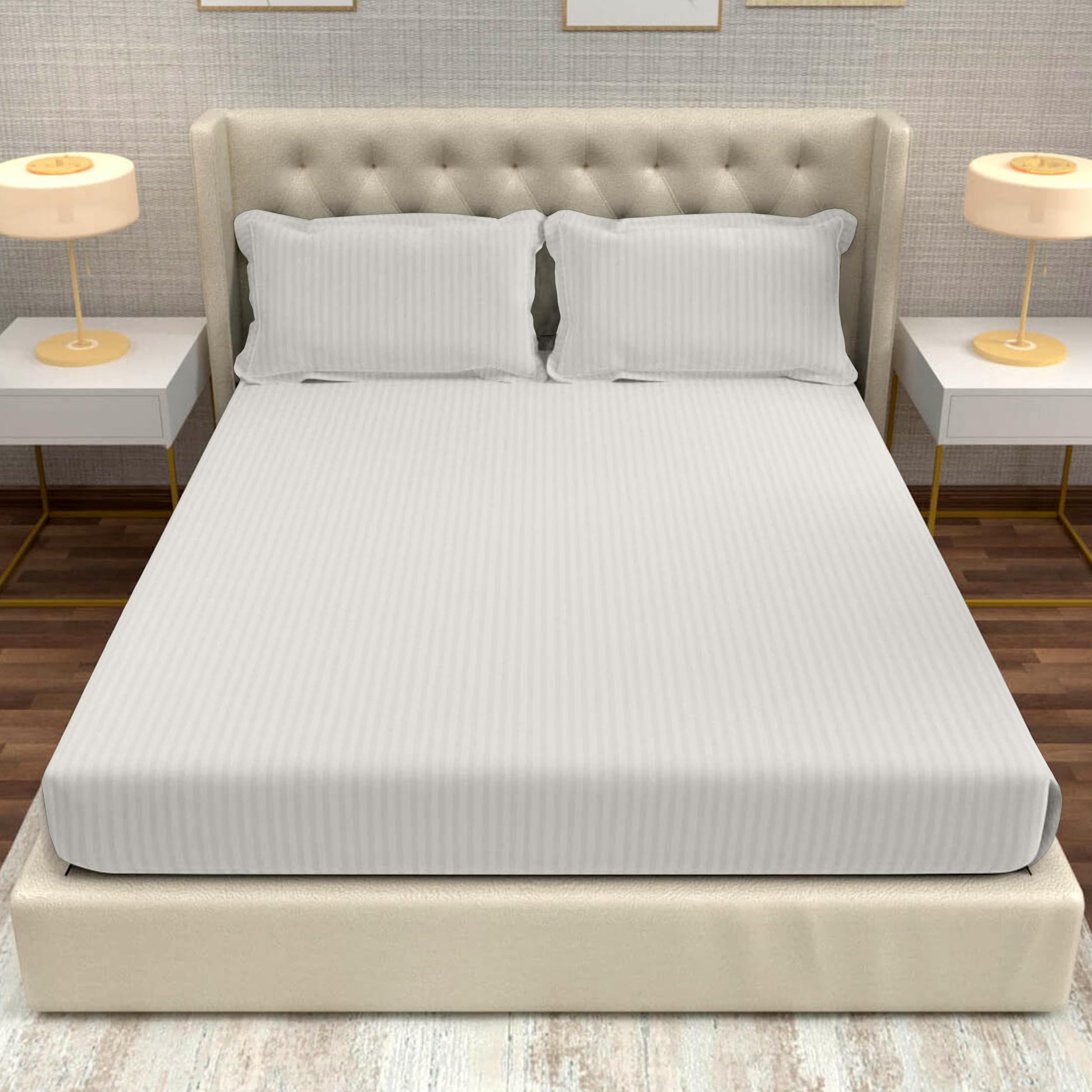Divine Casa 100% Cotton 210 TC King Size Bedsheet Italian Stripe | Soft Lightweight Breathable Bed Sheet with 2 Pillow Covers | Premium Design Bedding for Bedroom | 275 x 275 cm (Cream, Striped)