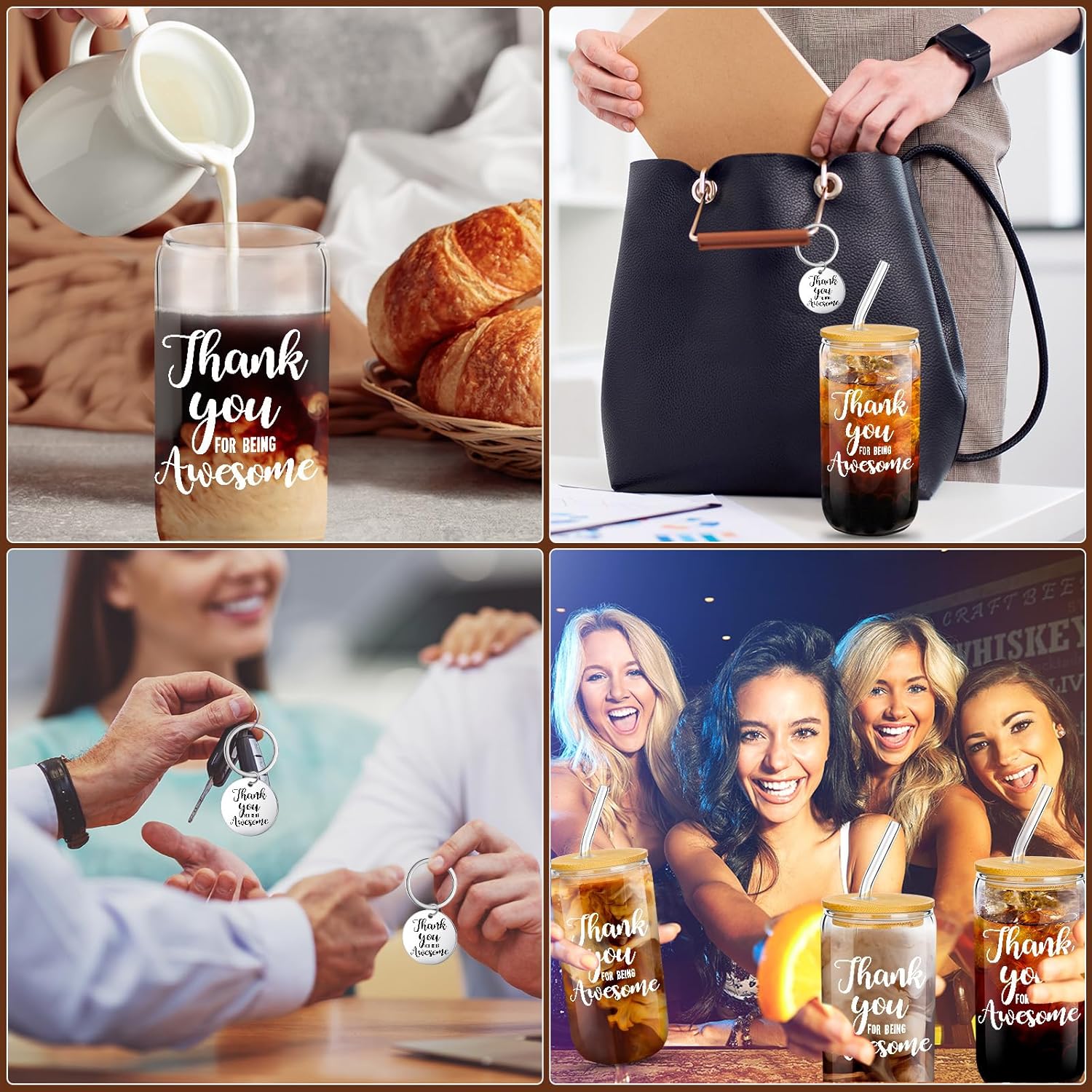 FillTouch 12 Set Employee Appreciation Gifts Set Team Thank You Gifts for Staff Coworker 16 oz Inspirational Glass Cups with Lid Straws Brush Keychain Coffee Cup Religious Gift(Thank You Style)